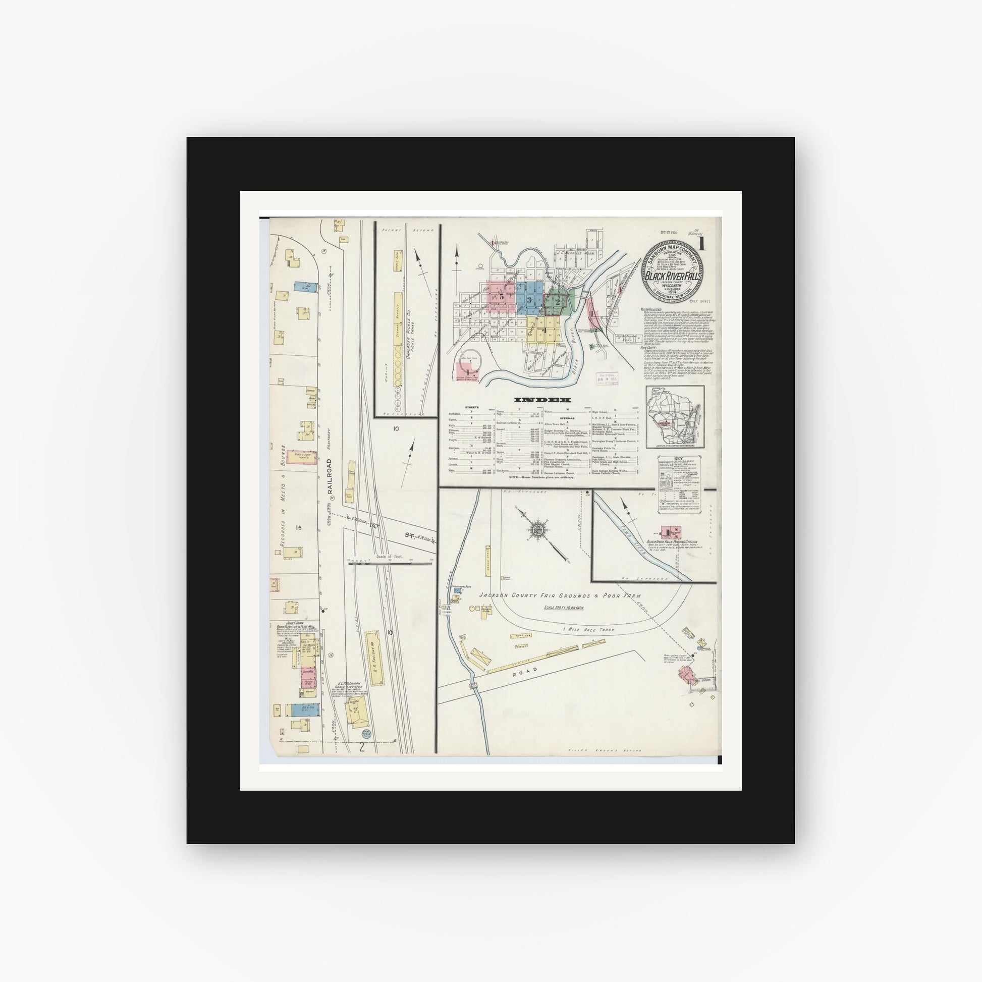 Old map wall art mockup — black gallery frame with white mat — Sanborn Fire Insurance Map from Black River Falls, Jackson County, Wisconsin (1914), Sheet #0001