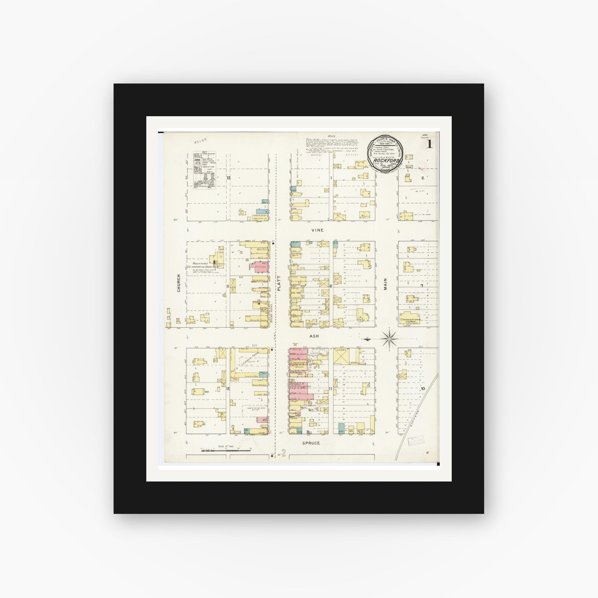 Old map wall art mockup — black gallery frame with white mat — Sanborn Fire Insurance Map from Rockford, Floyd County, Iowa (1894) â€” Complete Set