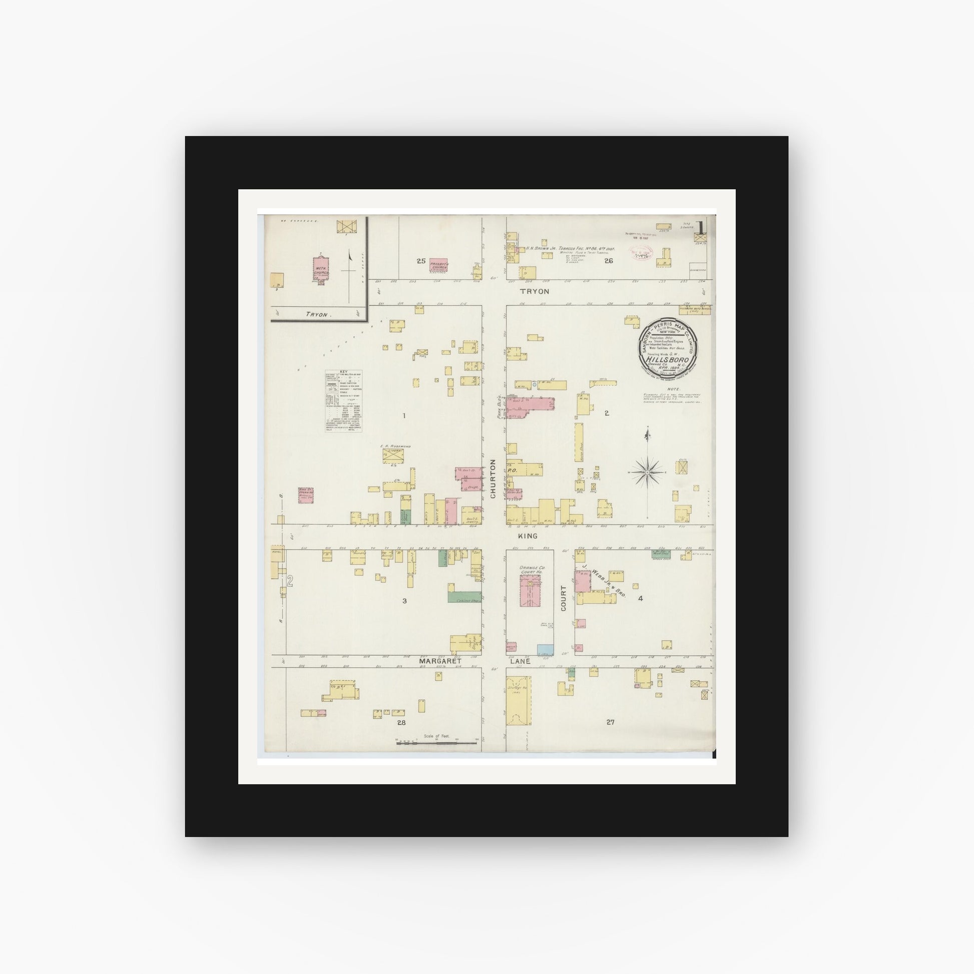 Old map wall art mockup — black gallery frame with white mat — Sanborn Fire Insurance Map from Hillsboro, Orange County, North Carolina (1894) - Complete Map Set