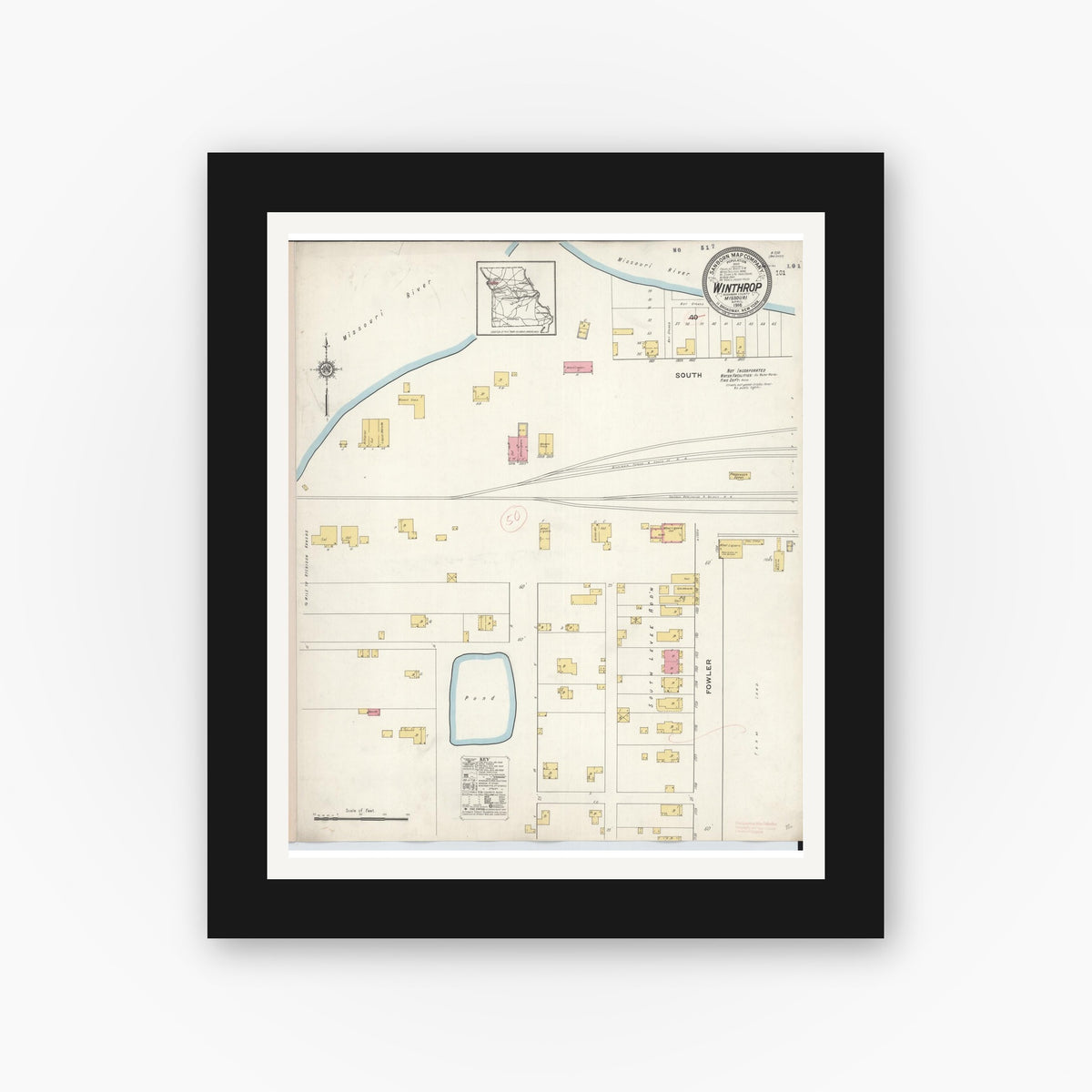 Old map wall art mockup — black gallery frame with white mat — Sanborn Fire Insurance Map from Winthrop, Buchanan County, Missouri (1916), Sheet #0001