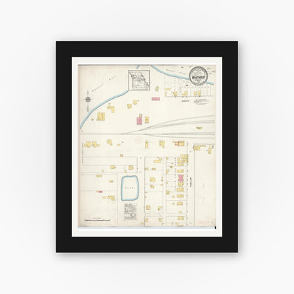 Old map wall art mockup — black gallery frame with white mat — Sanborn Fire Insurance Map from Winthrop, Buchanan County, Missouri (1916), Sheet #0001