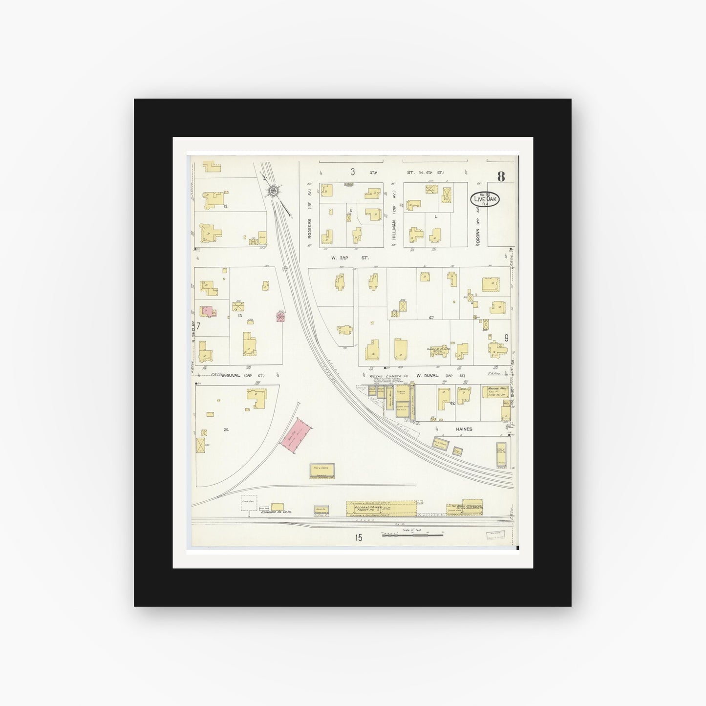 Old map wall art mockup — black gallery frame with white mat — Sanborn Fire Insurance Map from Live Oak, Suwanee County, Florida (1912), Sheet #0008