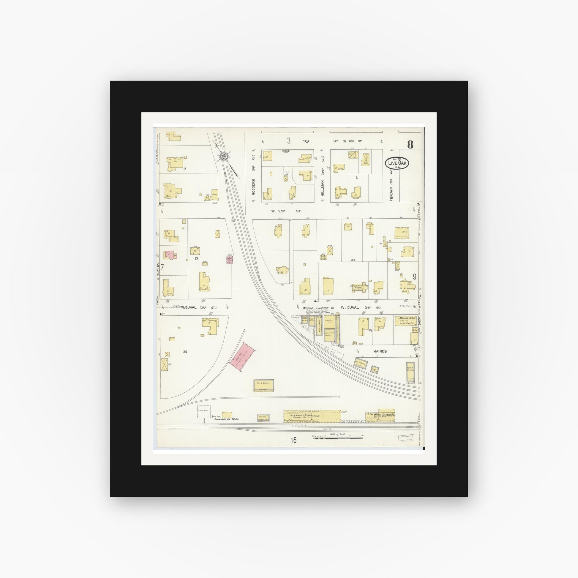 Old map wall art mockup — black gallery frame with white mat — Sanborn Fire Insurance Map from Live Oak, Suwanee County, Florida (1912), Sheet #0008