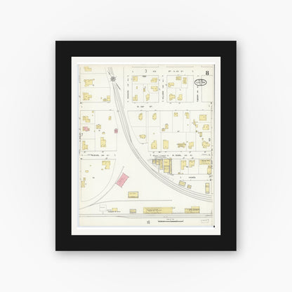 Old map wall art mockup — black gallery frame with white mat — Sanborn Fire Insurance Map from Live Oak, Suwanee County, Florida (1912), Sheet #0008