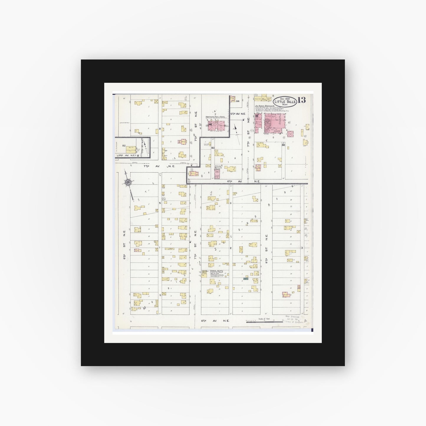 Old map wall art mockup — black gallery frame with white mat — Sanborn Fire Insurance Map from Little Falls, Morrison County, Minnesota (1909), Sheet #0013
