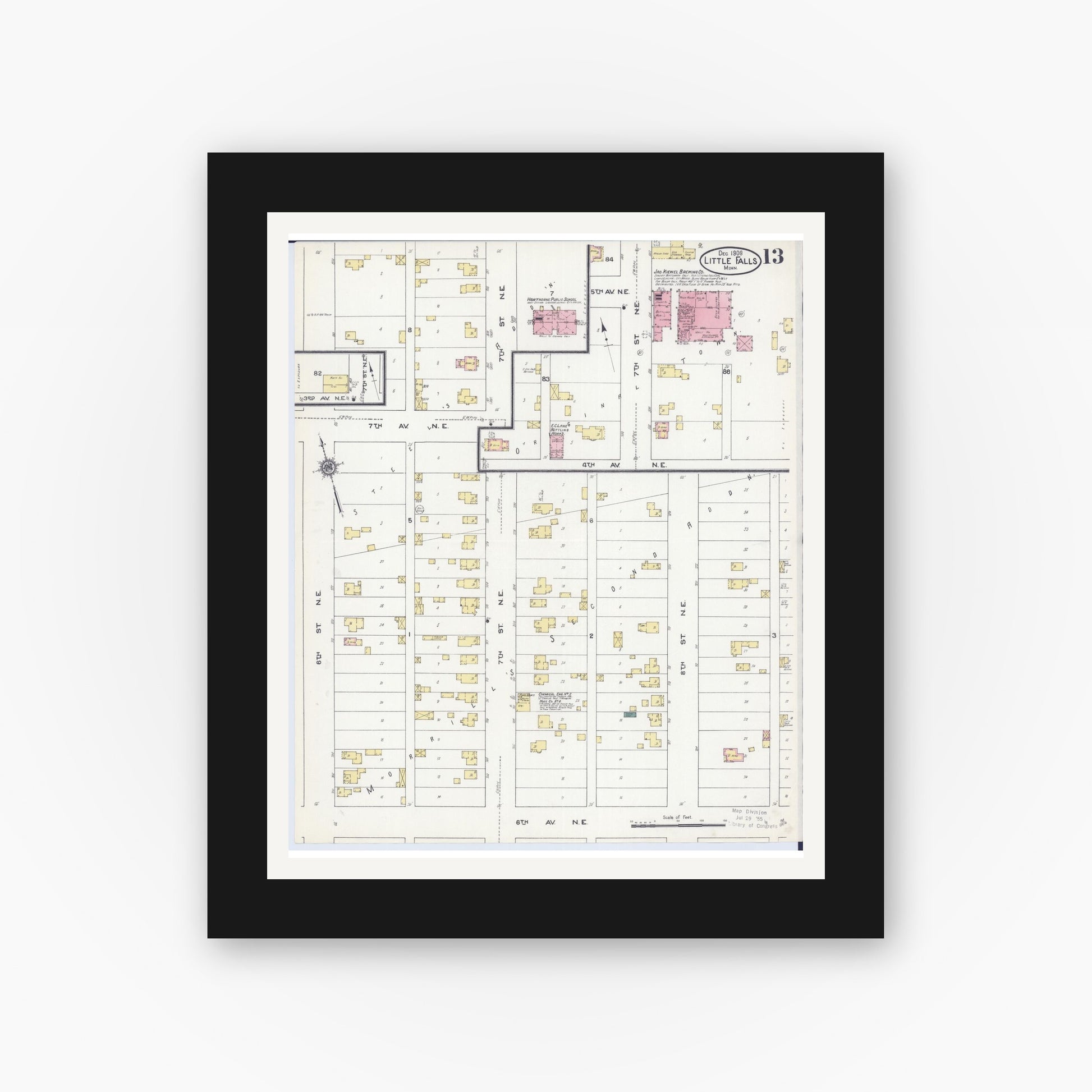Old map wall art mockup — black gallery frame with white mat — Sanborn Fire Insurance Map from Little Falls, Morrison County, Minnesota (1909), Sheet #0013