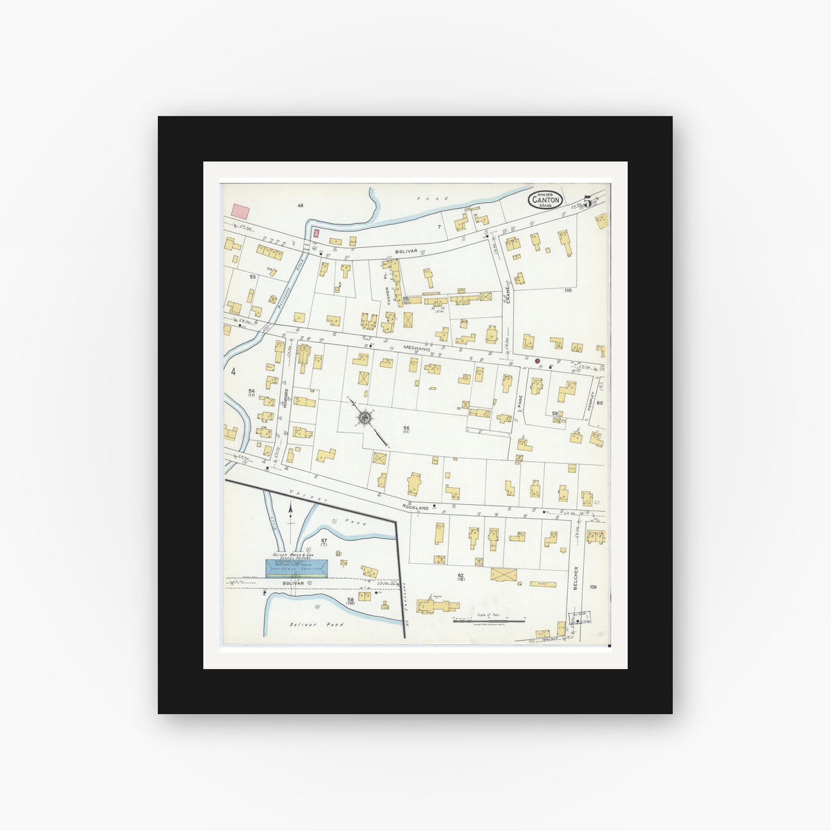 Old map wall art mockup — black gallery frame with white mat — Sanborn Fire Insurance Map from Canton, Norfolk County, Massachusetts (1919), Sheet #0005