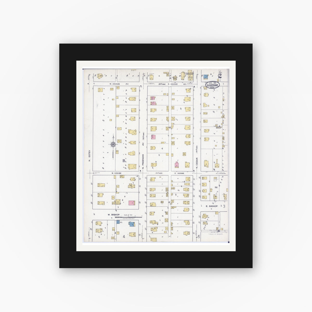 Old map wall art mockup — black gallery frame with white mat — Sanborn Fire Insurance Map from Luverne, Rock County, Minnesota (1921), Sheet #0002