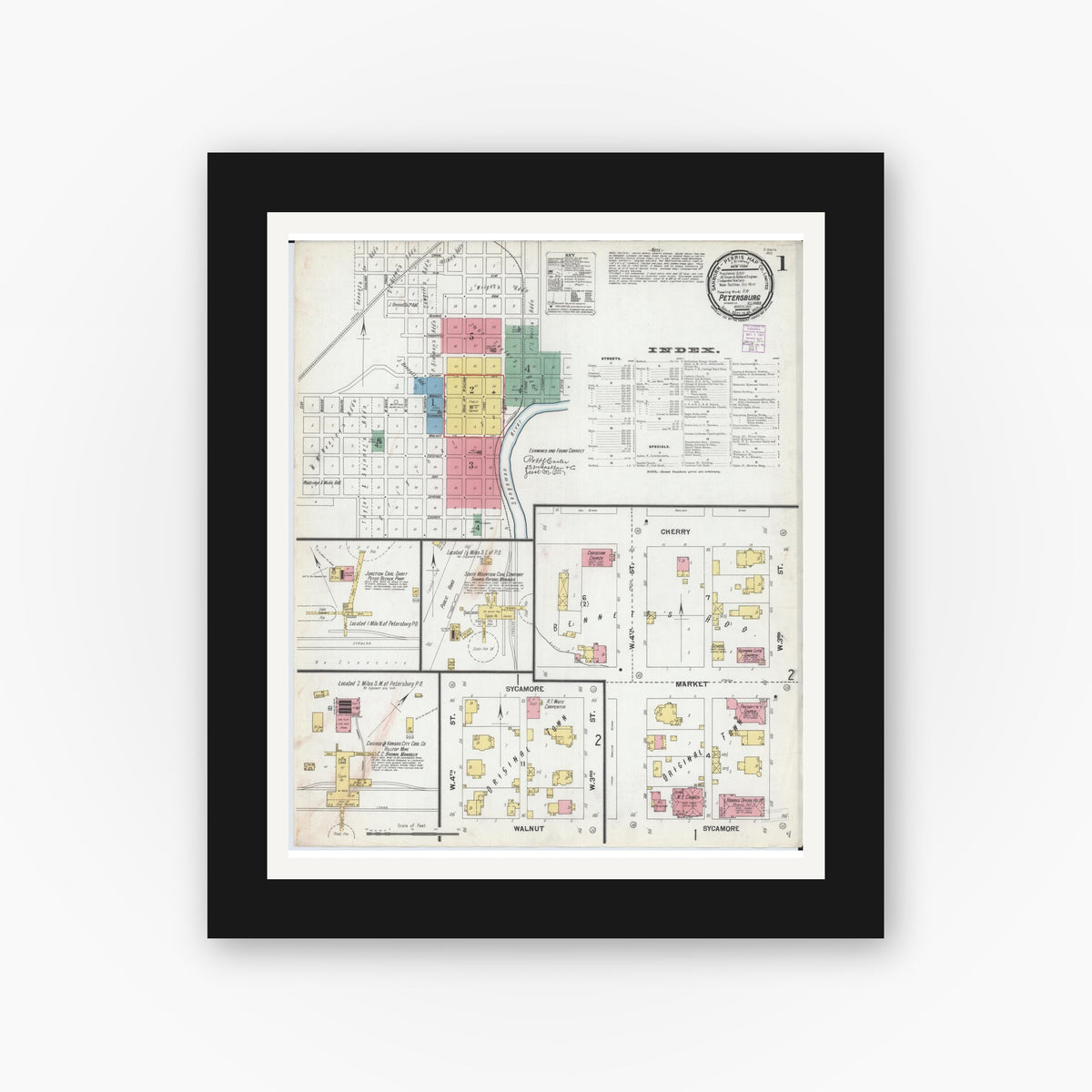 Old map wall art mockup — black gallery frame with white mat — Sanborn Fire Insurance Map from Petersburg, Menard County, Illinois (1901) - Complete Map Set