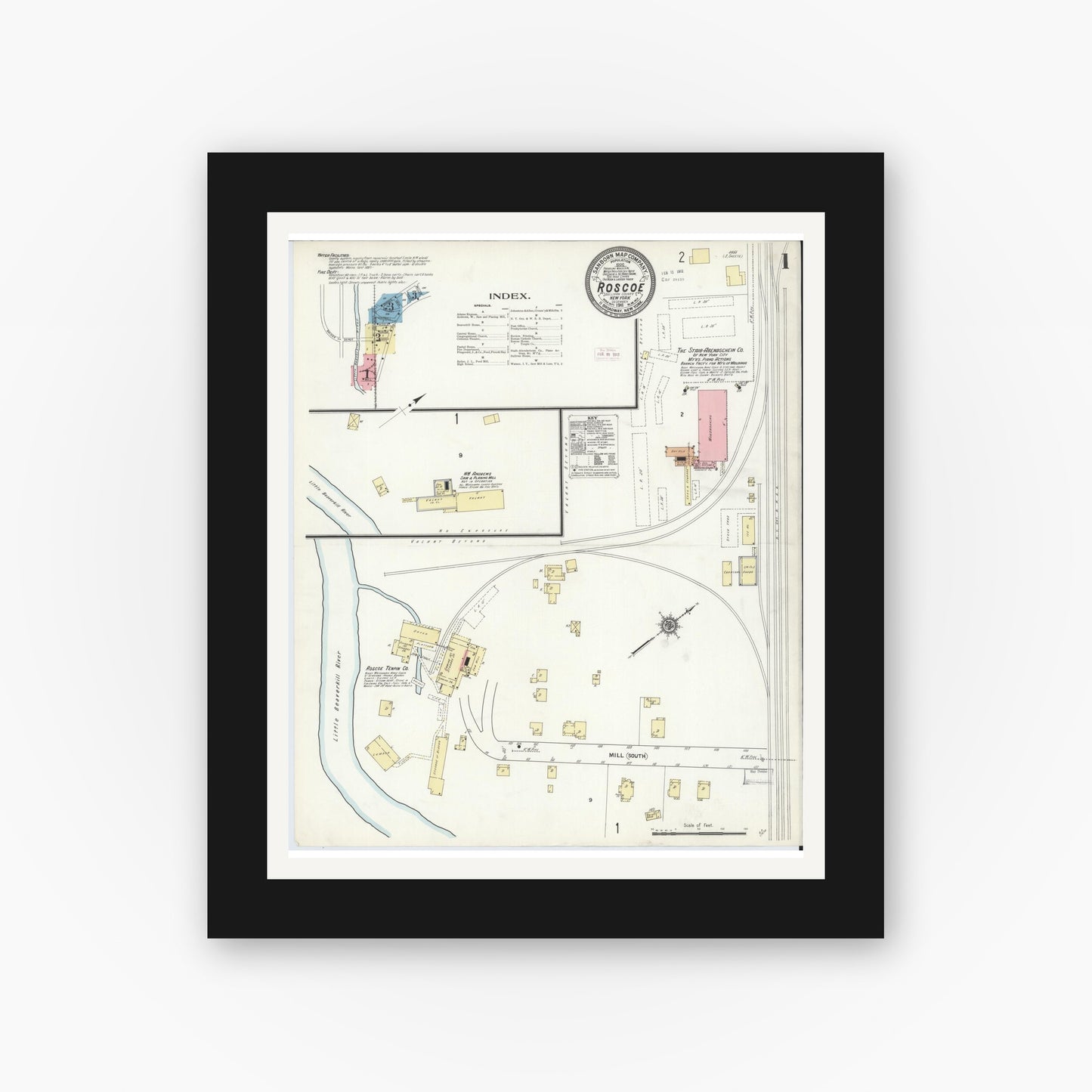 Old map wall art mockup — black gallery frame with white mat — Sanborn Fire Insurance Map from Roscoe, Sullivan County, New York (1911), Sheet #0001