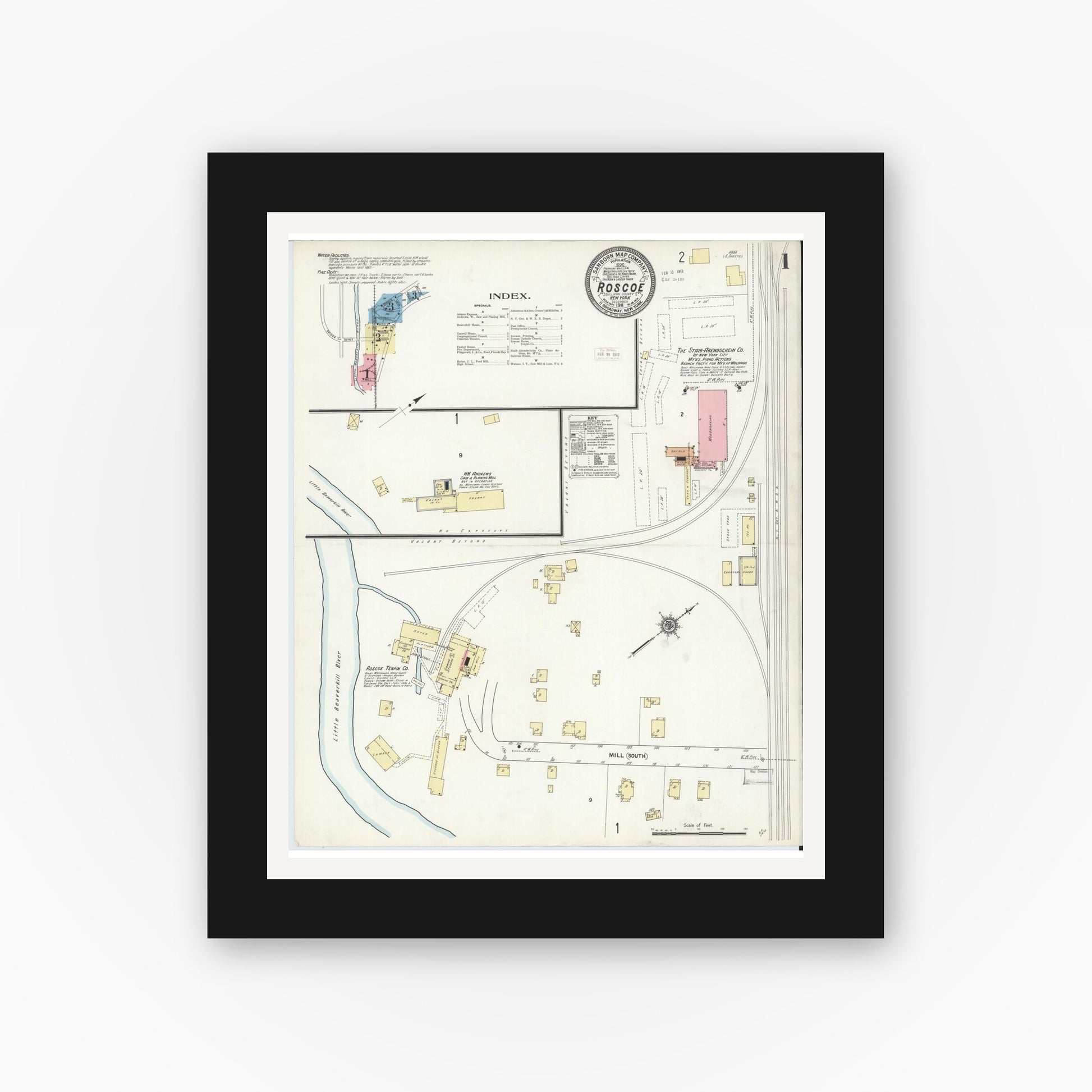 Old map wall art mockup — black gallery frame with white mat — Sanborn Fire Insurance Map from Roscoe, Sullivan County, New York (1911), Sheet #0001
