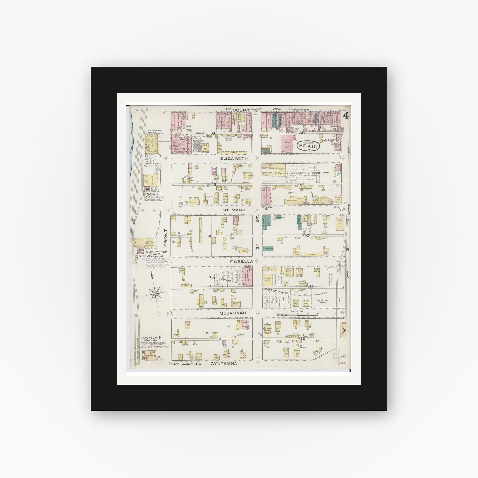 Old map wall art mockup — black gallery frame with white mat — Sanborn Fire Insurance Map from Pekin, Tazewell County, Illinois (1885), Sheet #0004