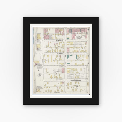 Old map wall art mockup — black gallery frame with white mat — Sanborn Fire Insurance Map from Pekin, Tazewell County, Illinois (1885), Sheet #0004