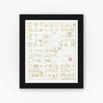 Old map wall art mockup — black gallery frame with white mat — Sanborn Fire Insurance Map from Garrett, De Kalb County, Indiana (1901), Sheet #0004