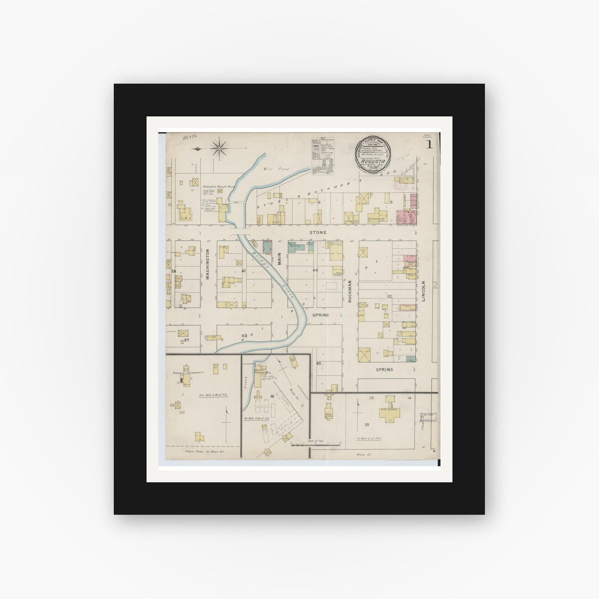Old map wall art mockup — black gallery frame with white mat — Sanborn Fire Insurance Map from Augusta, Eau Claire County, Wisconsin (1894) - Complete Map Set