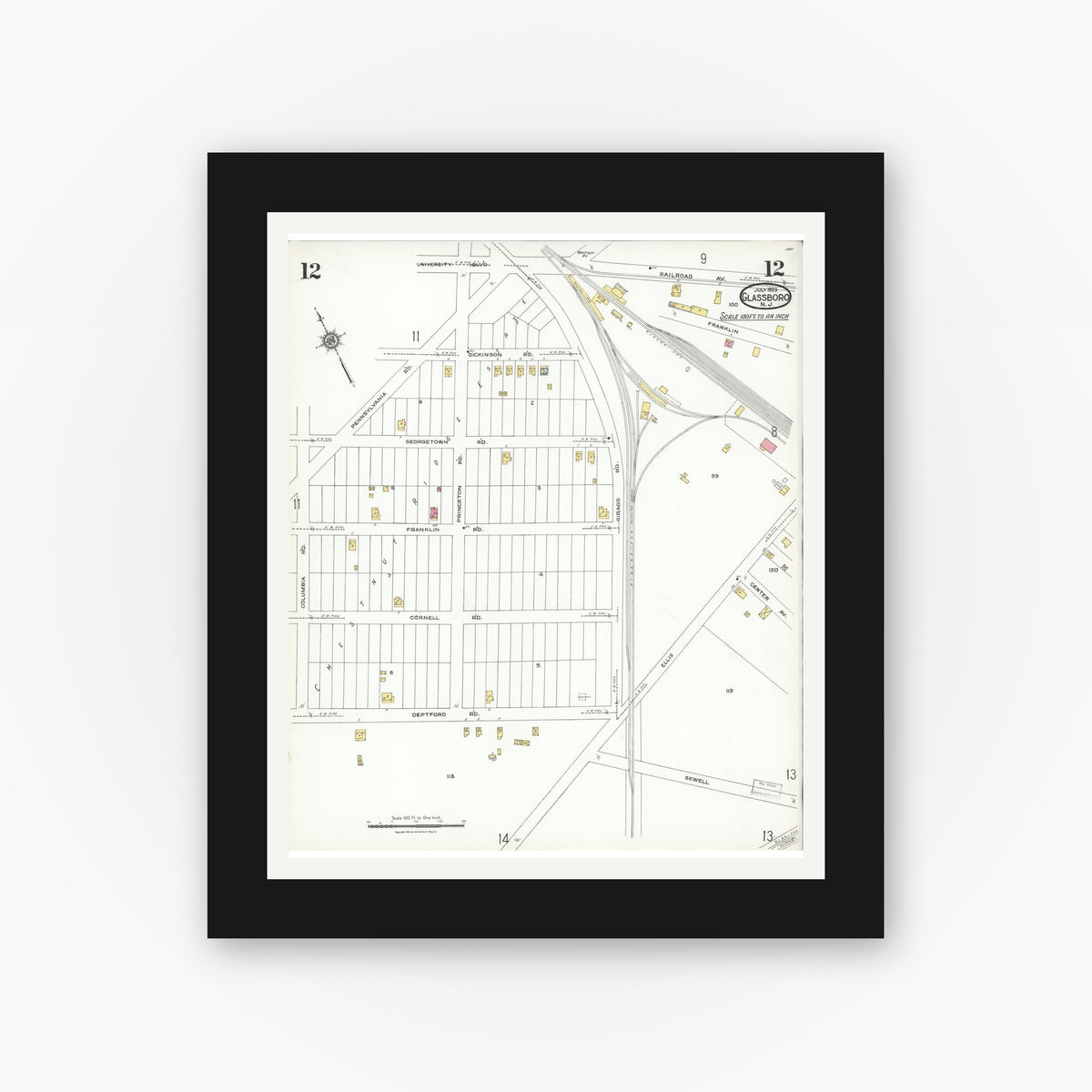 Old map wall art mockup — black gallery frame with white mat — Sanborn Fire Insurance Map from Glassboro, Gloucester County, New Jersey (1923), Sheet #0012