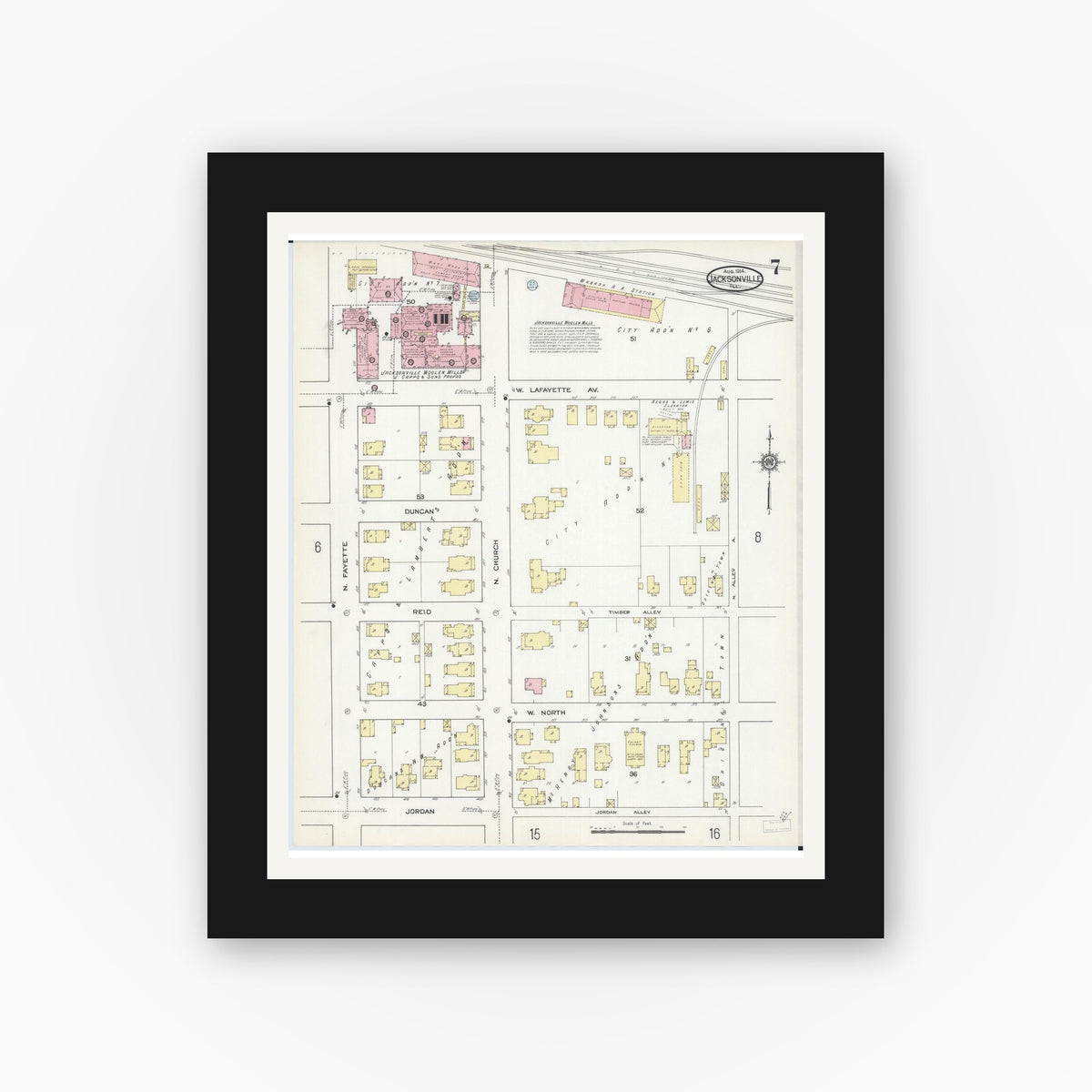 Old map wall art mockup — black gallery frame with white mat — Sanborn Fire Insurance Map from Jacksonville, Morgan County, Illinois (1914), Sheet #0007