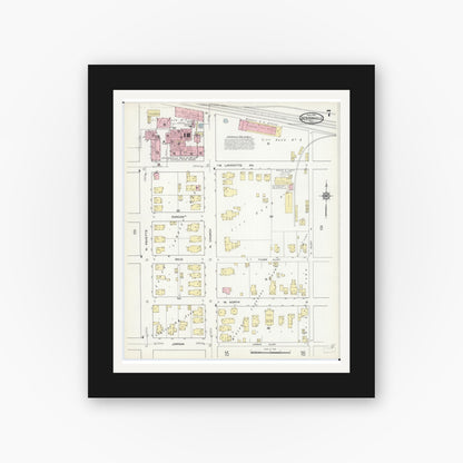Old map wall art mockup — black gallery frame with white mat — Sanborn Fire Insurance Map from Jacksonville, Morgan County, Illinois (1914), Sheet #0007