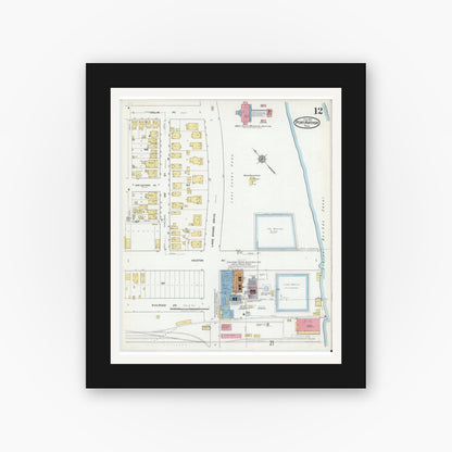 Old map wall art mockup — black gallery frame with white mat — Sanborn Fire Insurance Map from Port Arthur, Jefferson County, Texas (1918), Sheet #0012
