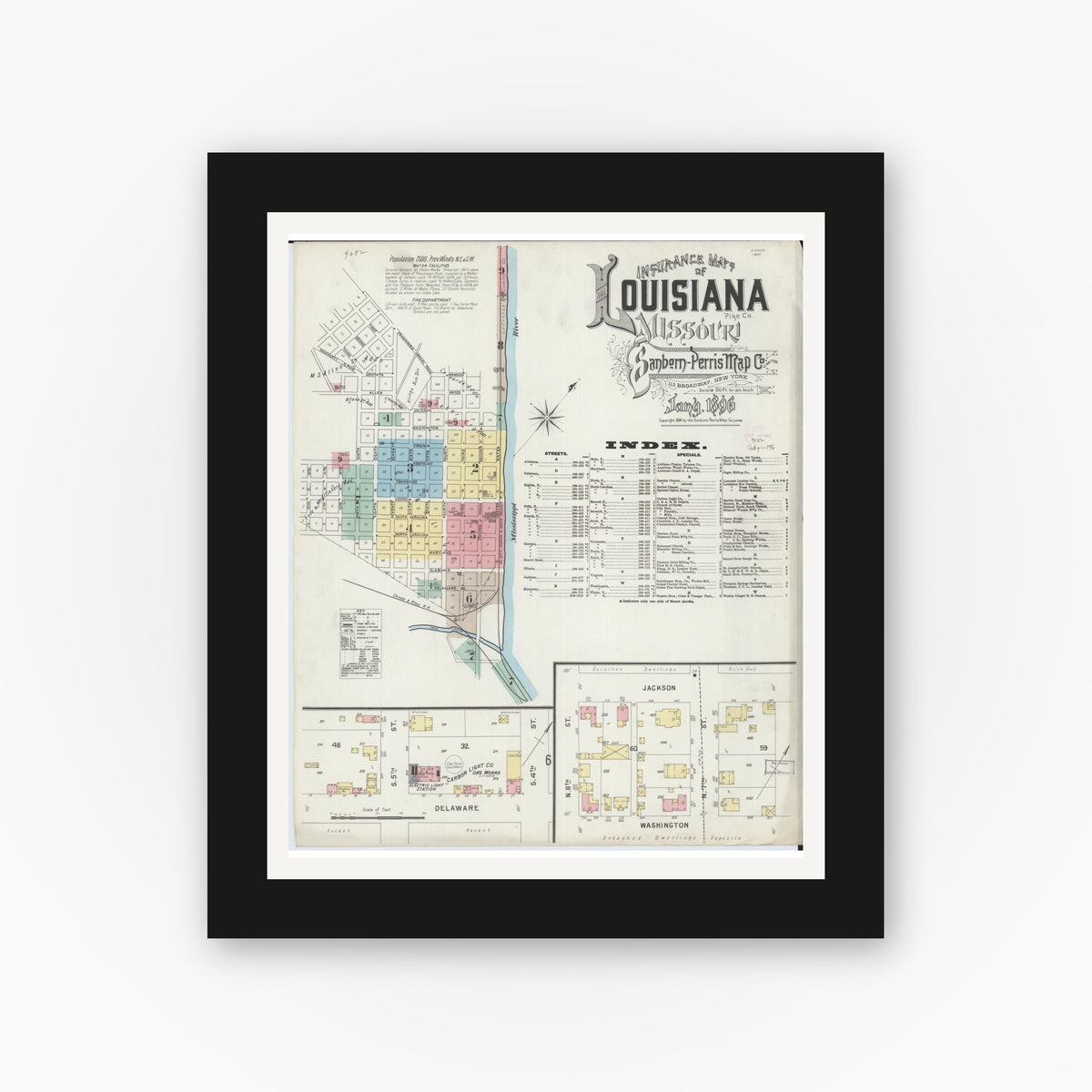 Old map wall art mockup — black gallery frame with white mat — Sanborn Fire Insurance Map from Louisiana, Pike County, Missouri (1896) - Complete Map Set