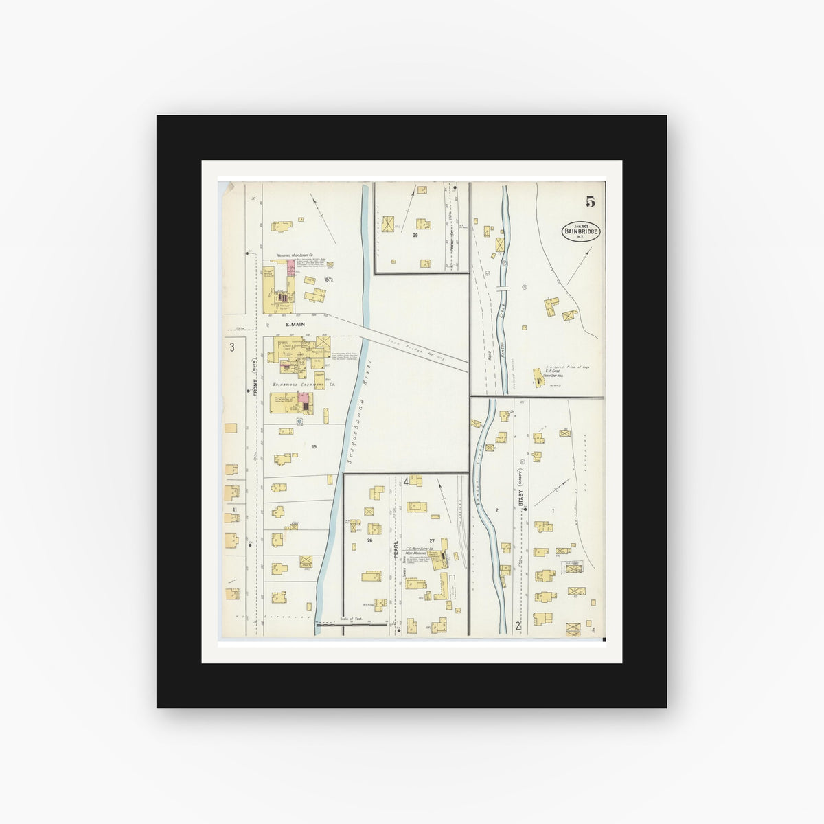 Old map wall art mockup — black gallery frame with white mat — Sanborn Fire Insurance Map from Bainbridge, Chenango County, New York (1903), Sheet #0005