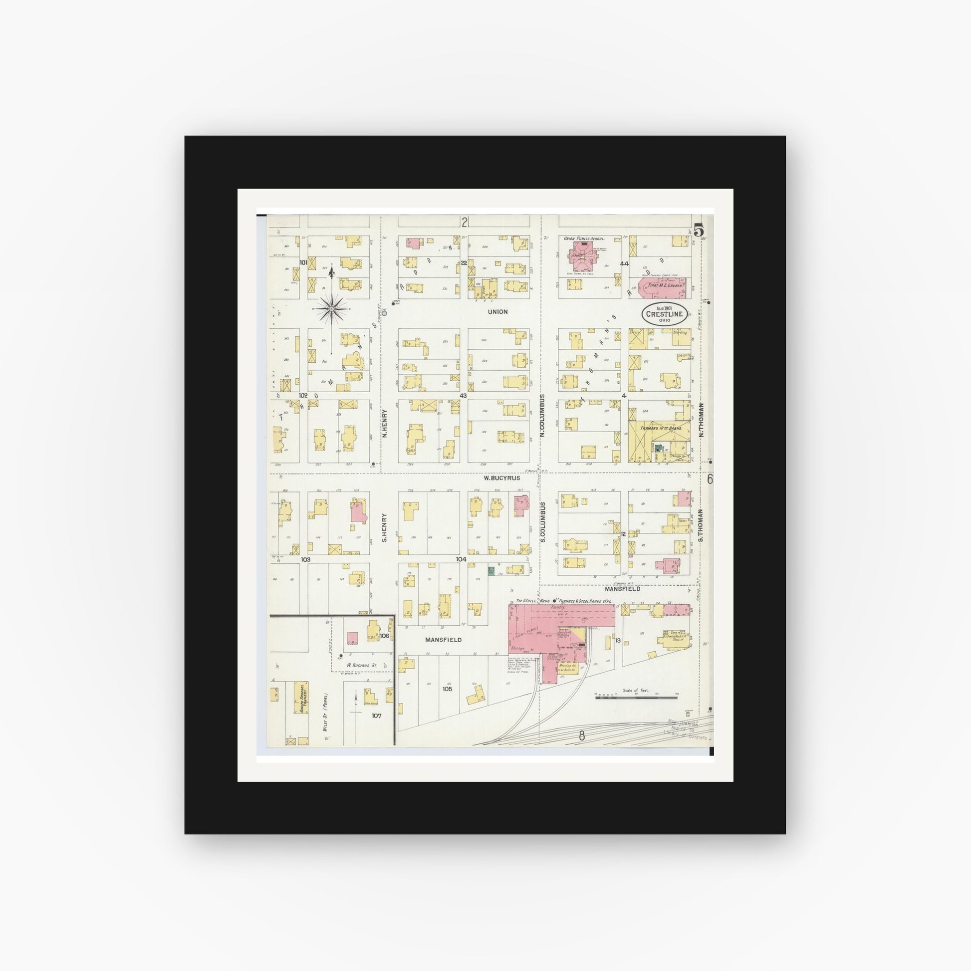 Old map wall art mockup — black gallery frame with white mat — Sanborn Fire Insurance Map from Crestline, Crawford County, Ohio (1901), Sheet #0005
