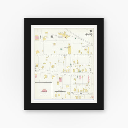 Old map wall art mockup — black gallery frame with white mat — Sanborn Fire Insurance Map from Blackstone, Nottoway County, Virginia (1908), Sheet #0002