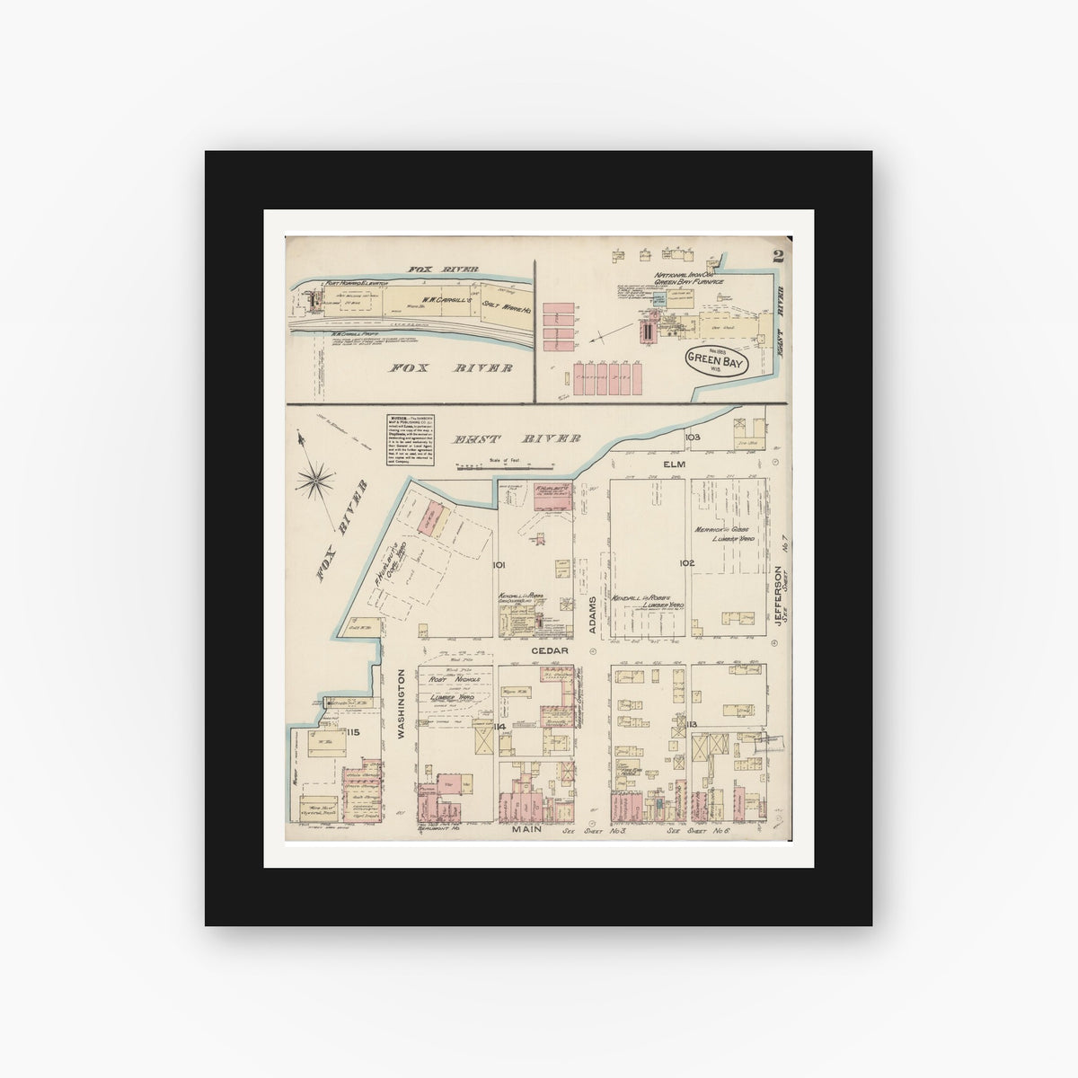 Old map wall art mockup — black gallery frame with white mat — Sanborn Fire Insurance Map from Green Bay, Brown County, Wisconsin (1883) - Complete Map Set