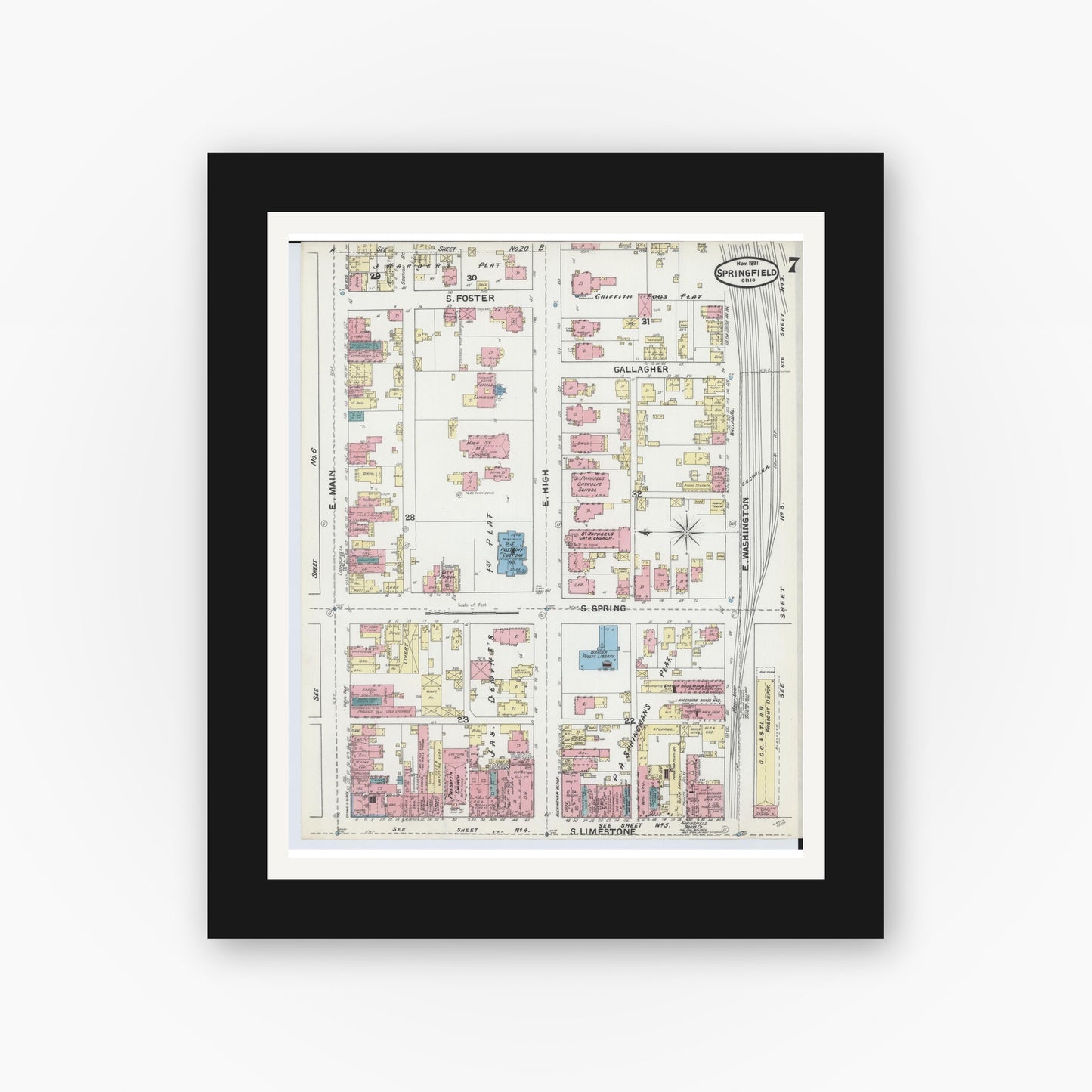 Old map wall art mockup — black gallery frame with white mat — Sanborn Fire Insurance Map from Springfield, Clark County, Ohio (1891), Sheet #0007