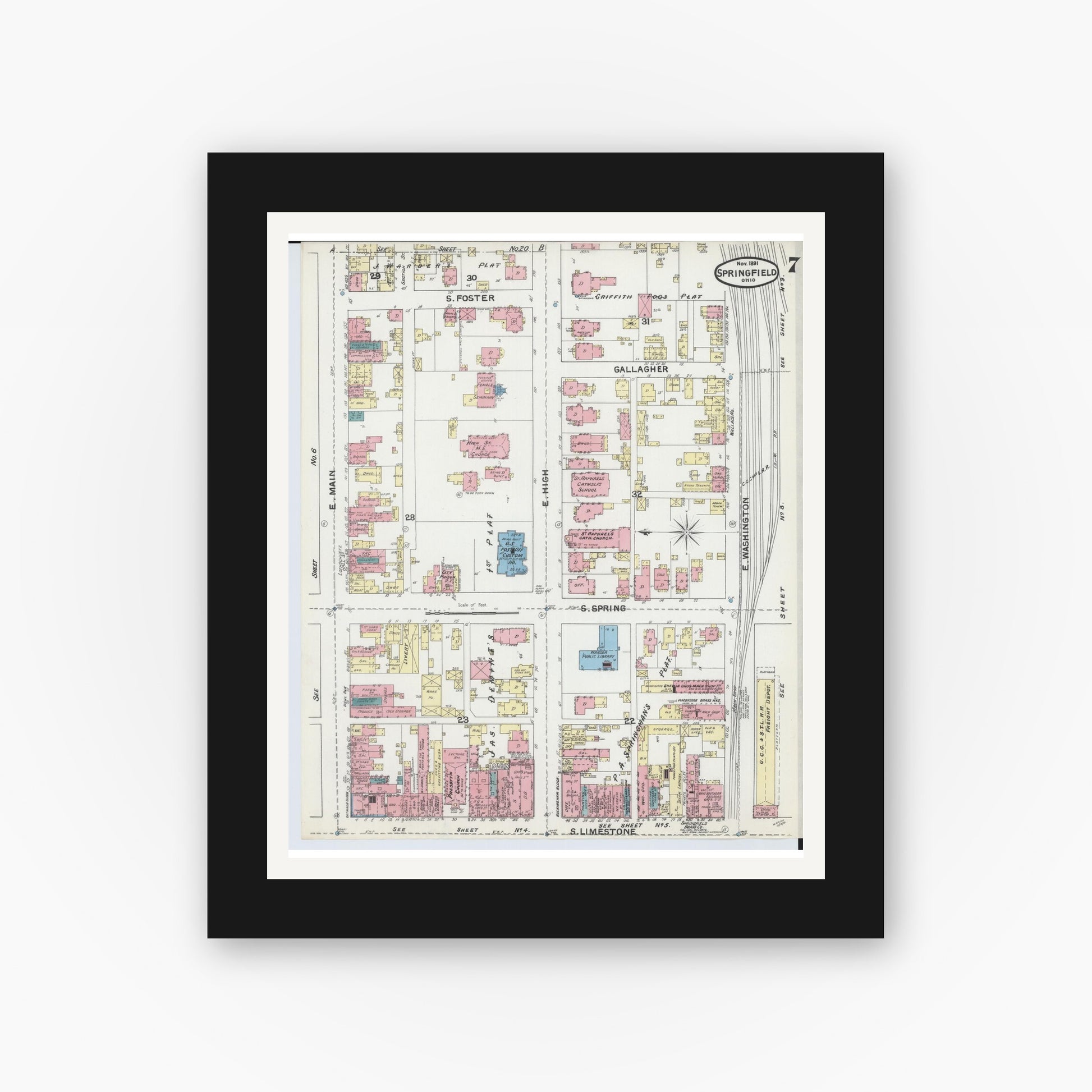 Old map wall art mockup — black gallery frame with white mat — Sanborn Fire Insurance Map from Springfield, Clark County, Ohio (1891), Sheet #0007