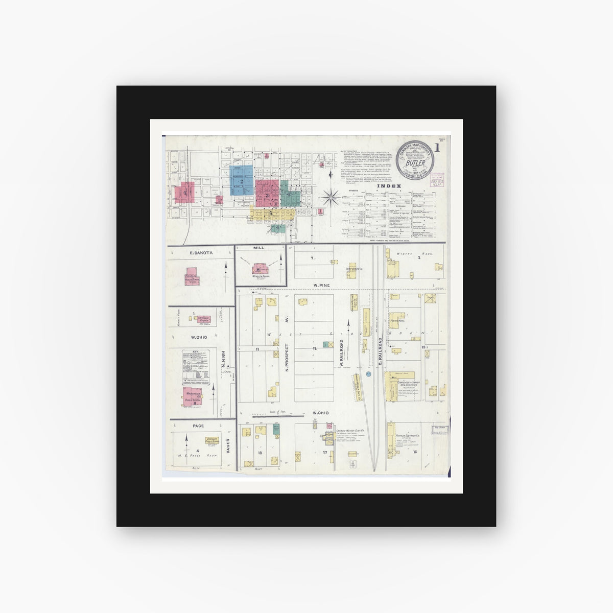 Old map wall art mockup — black gallery frame with white mat — Sanborn Fire Insurance Map from Butler, Bates County, Missouri (1907) - Complete Map Set