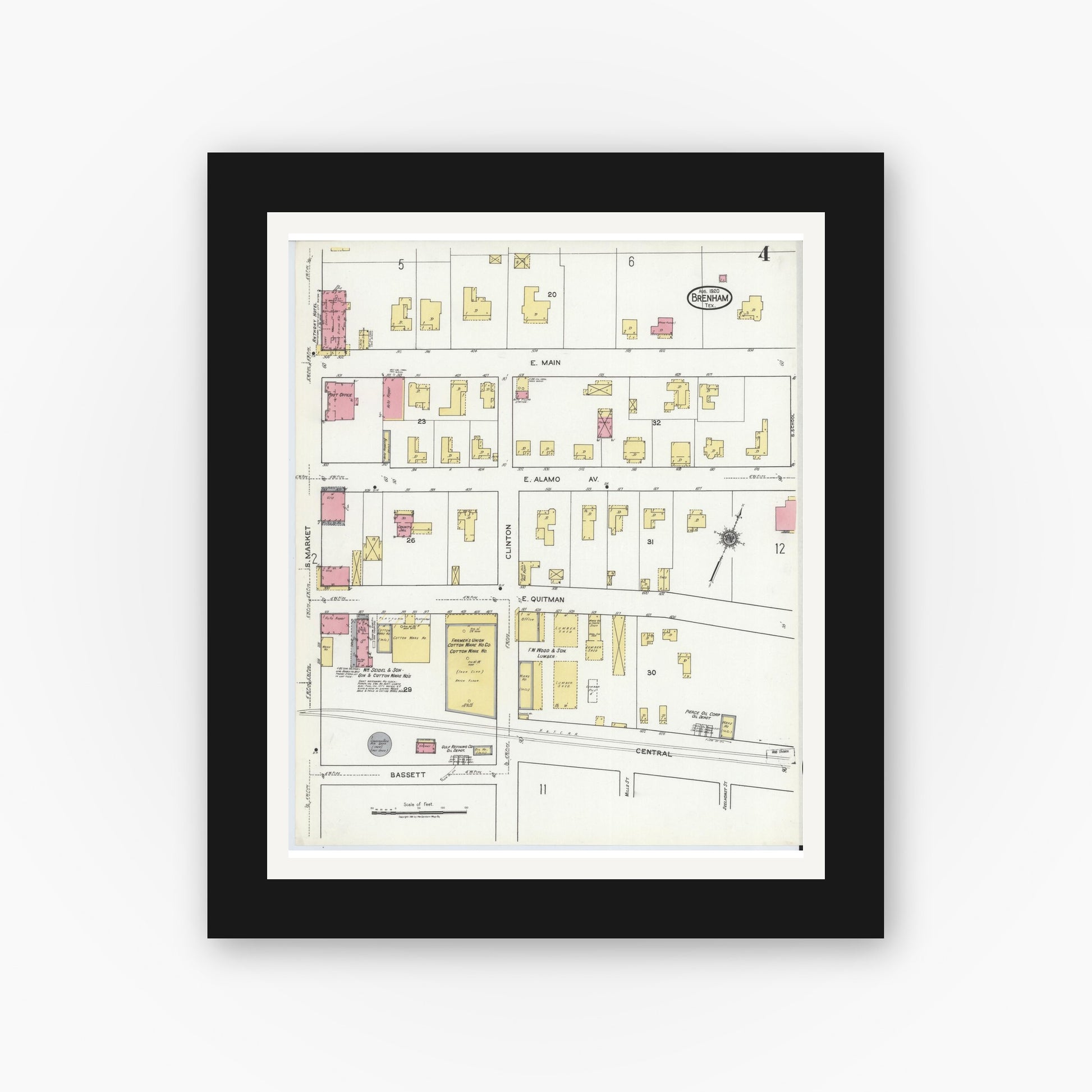 Old map wall art mockup — black gallery frame with white mat — Sanborn Fire Insurance Map from Brenham, Washington County, Texas (1920), Sheet #0004