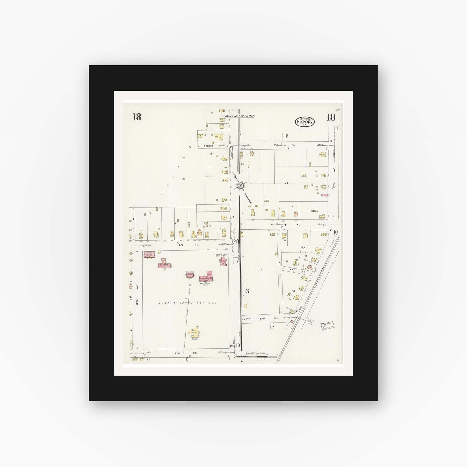 Old map wall art mockup — black gallery frame with white mat — Sanborn Fire Insurance Map from Hickory, Catawba County, North Carolina (1925), Sheet #0018