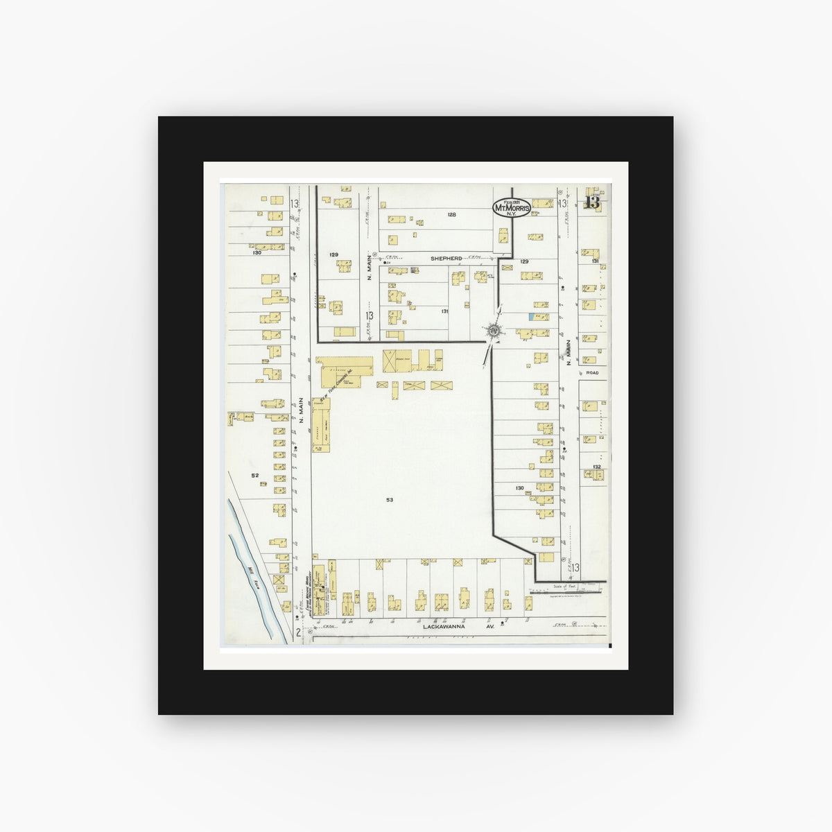Old map wall art mockup — black gallery frame with white mat — Sanborn Fire Insurance Map from Mount Morris, Livingston County, New York (1921), Sheet #0013