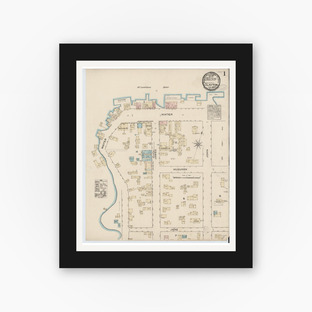 Old map wall art mockup — black gallery frame with white mat — Sanborn Fire Insurance Map from Clayton, Jefferson County, New York (1884) - Complete Map Set