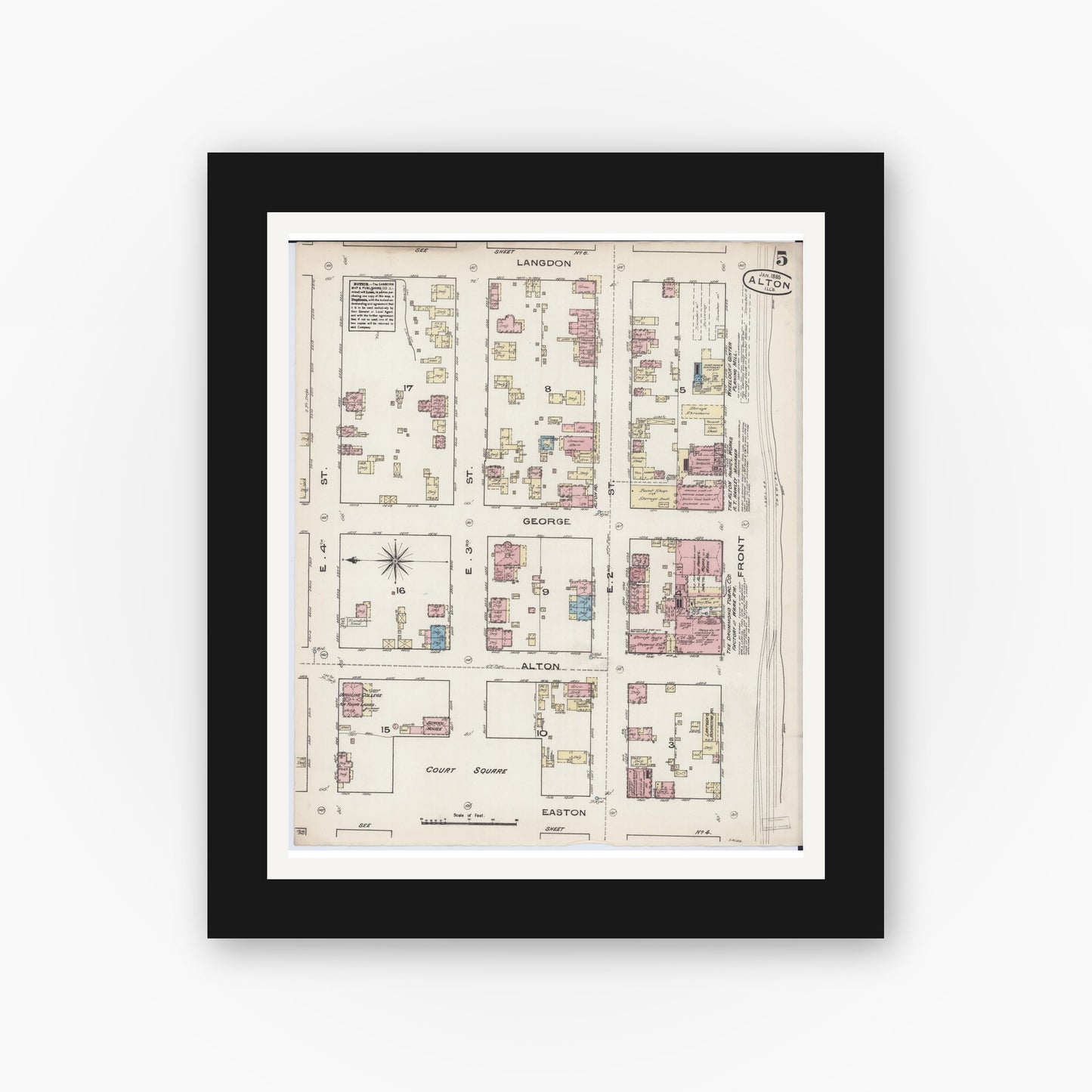 Old map wall art mockup — black gallery frame with white mat — Sanborn Fire Insurance Map from Alton, Madison County, Illinois (1885), Sheet #0005
