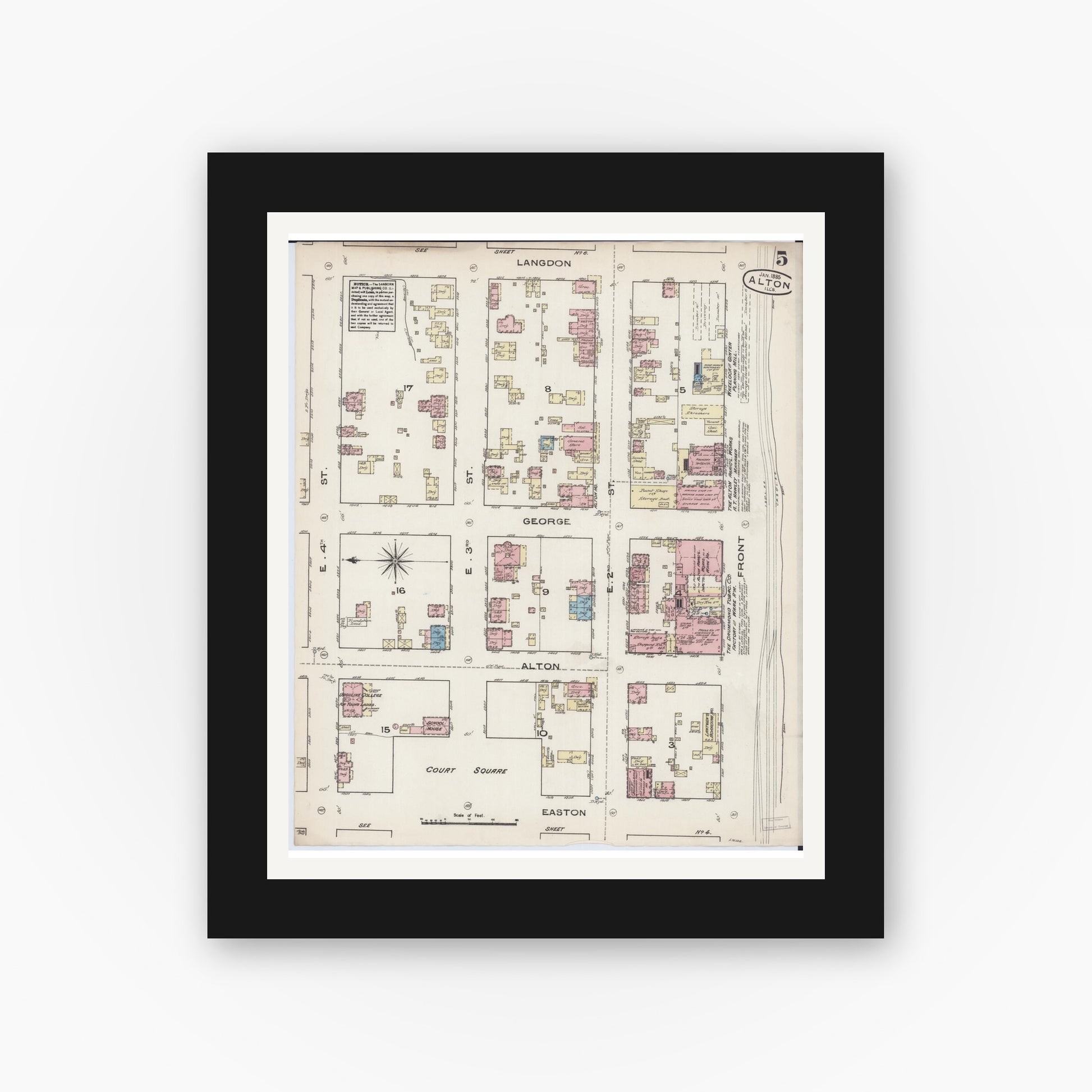 Old map wall art mockup — black gallery frame with white mat — Sanborn Fire Insurance Map from Alton, Madison County, Illinois (1885), Sheet #0005