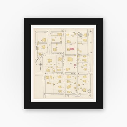 Old map wall art mockup — black gallery frame with white mat — Sanborn Fire Insurance Map from Monroe, Union County, North Carolina (1922), Sheet #0009