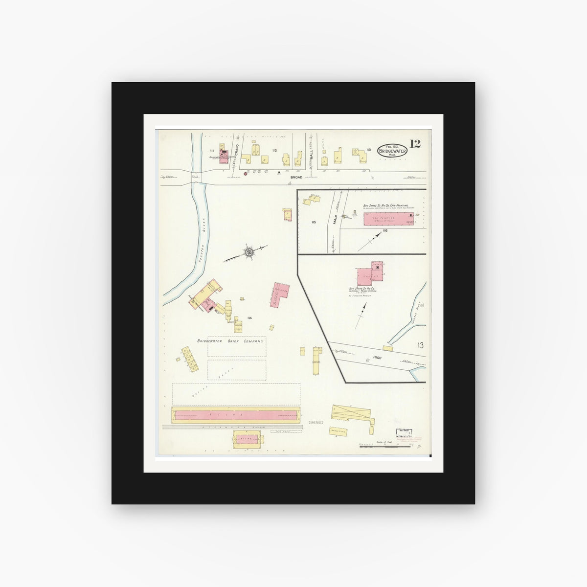 Old map wall art mockup — black gallery frame with white mat — Sanborn Fire Insurance Map from Bridgewater, Plymouth County, Massachusetts (1912), Sheet #0012