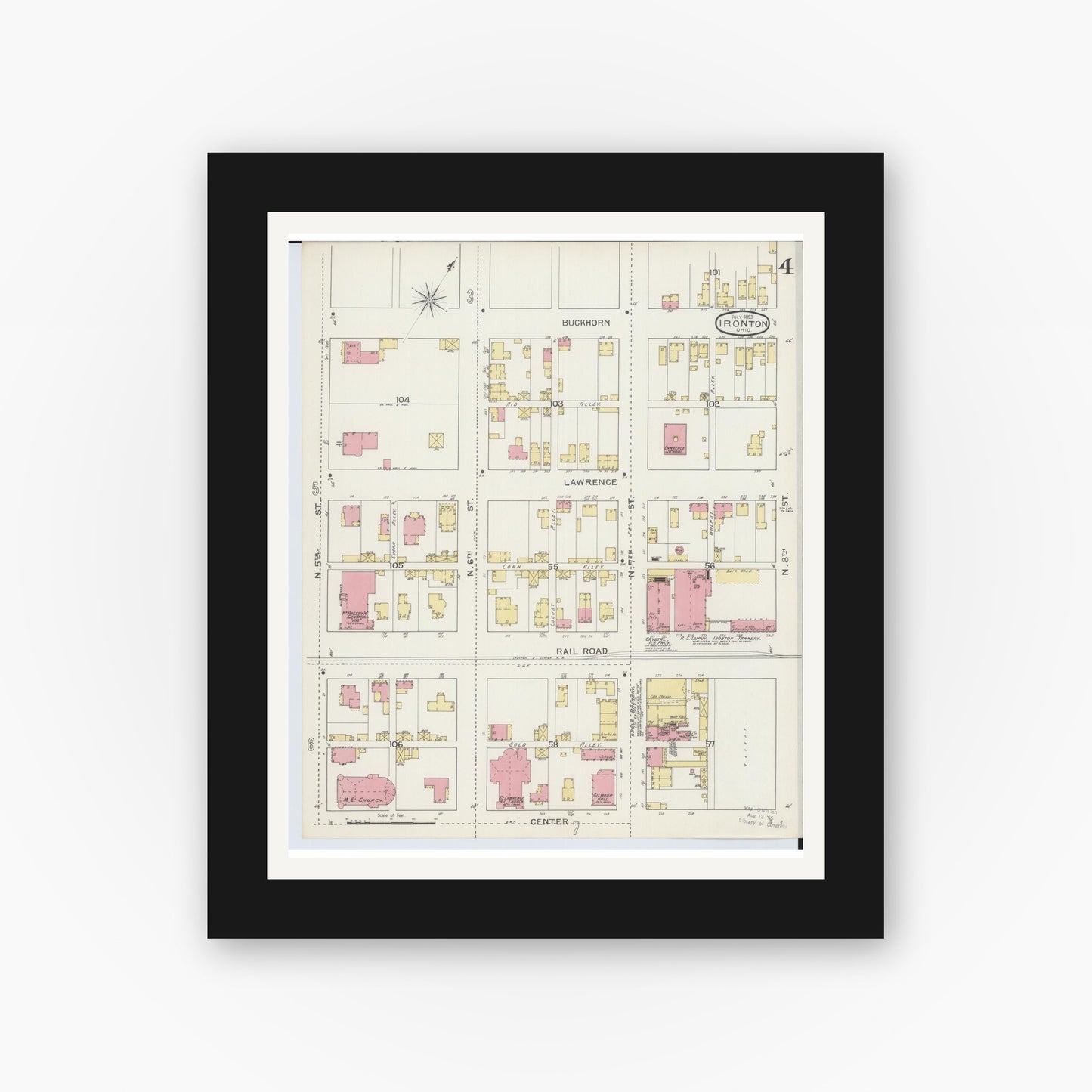Old map wall art mockup — black gallery frame with white mat — Sanborn Fire Insurance Map from Ironton, Lawrence County, Ohio (1893), Sheet #0004