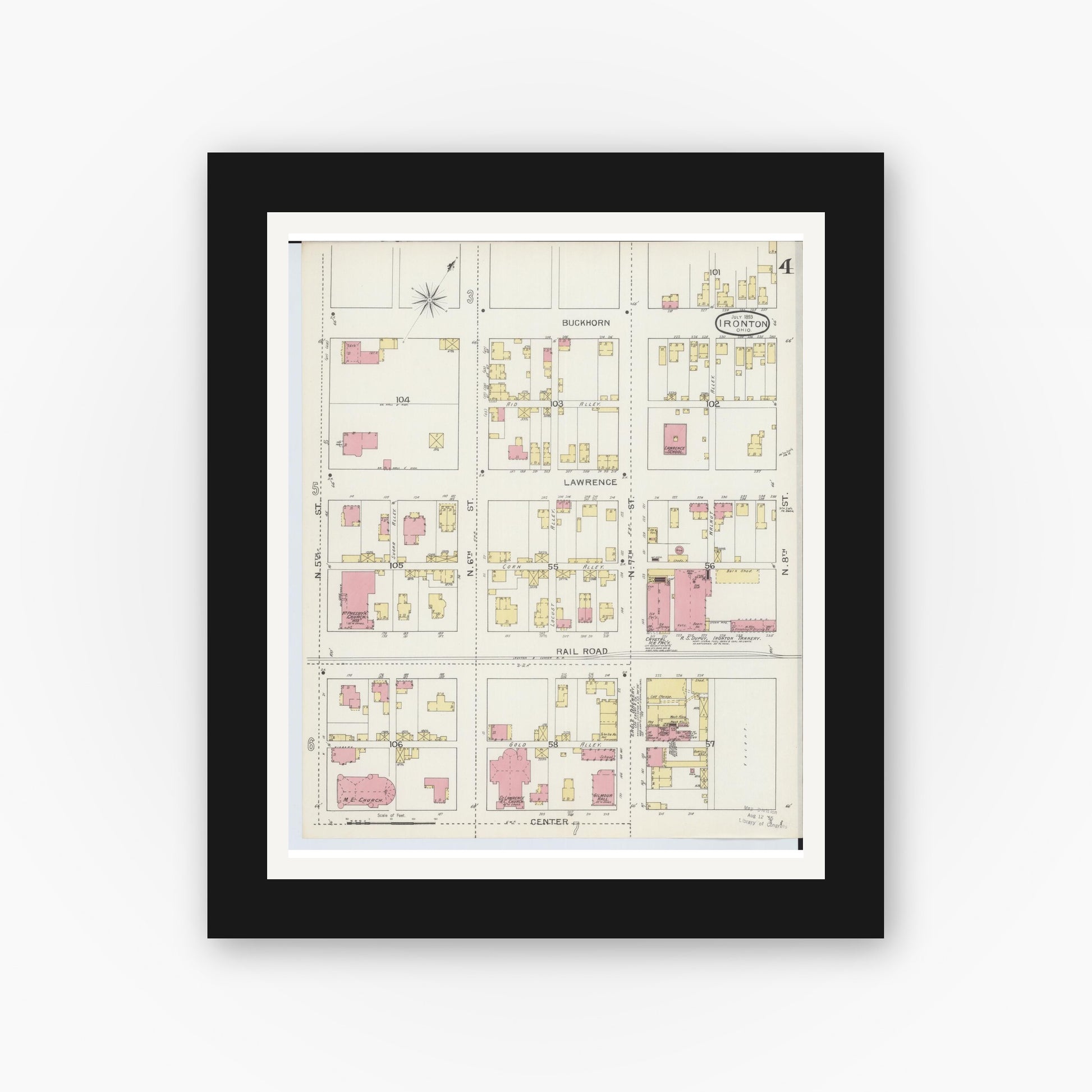 Old map wall art mockup — black gallery frame with white mat — Sanborn Fire Insurance Map from Ironton, Lawrence County, Ohio (1893), Sheet #0004