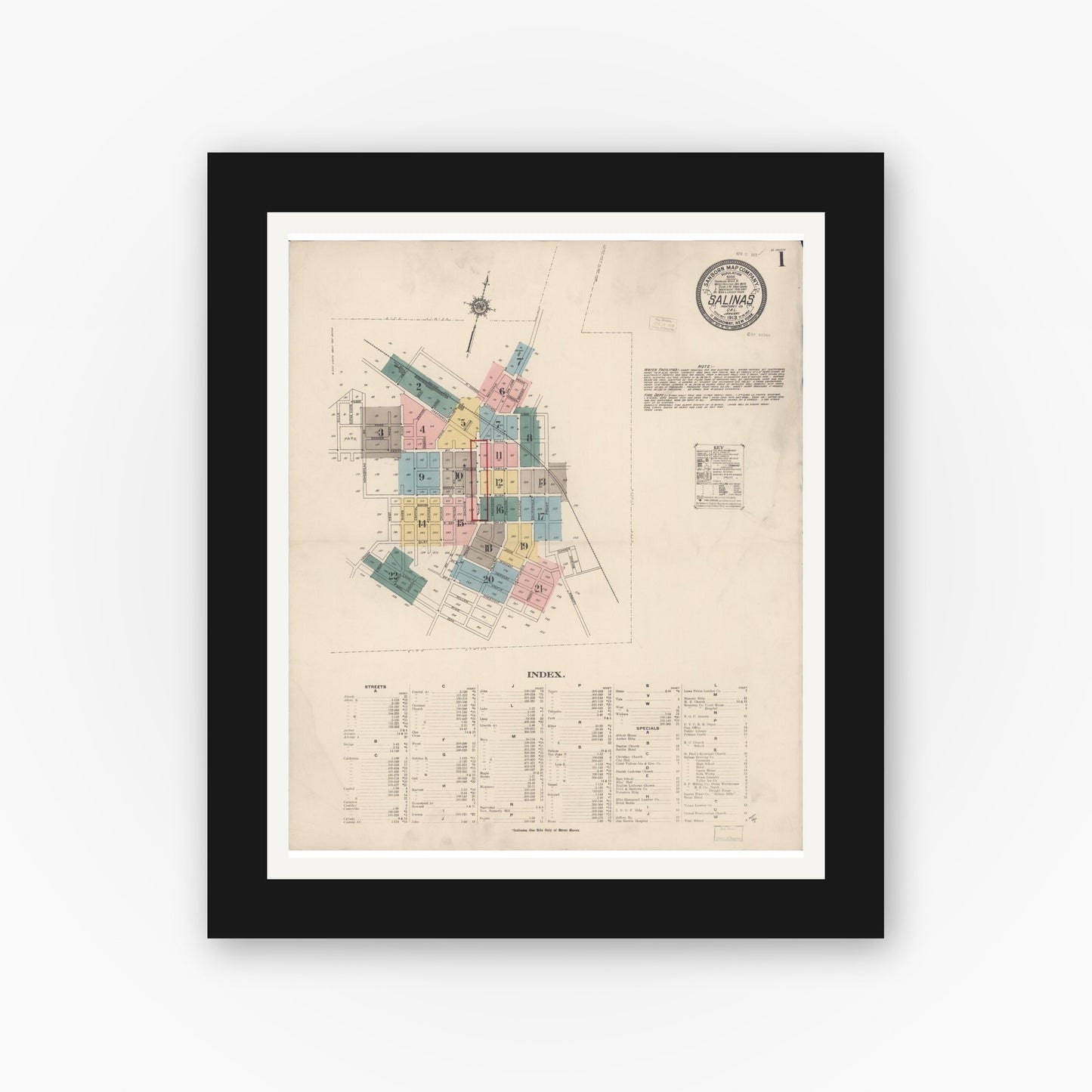 Old map wall art mockup — black gallery frame with white mat — Sanborn Fire Insurance Map from Salinas, Monterey County, California (1913) - Complete Map Set