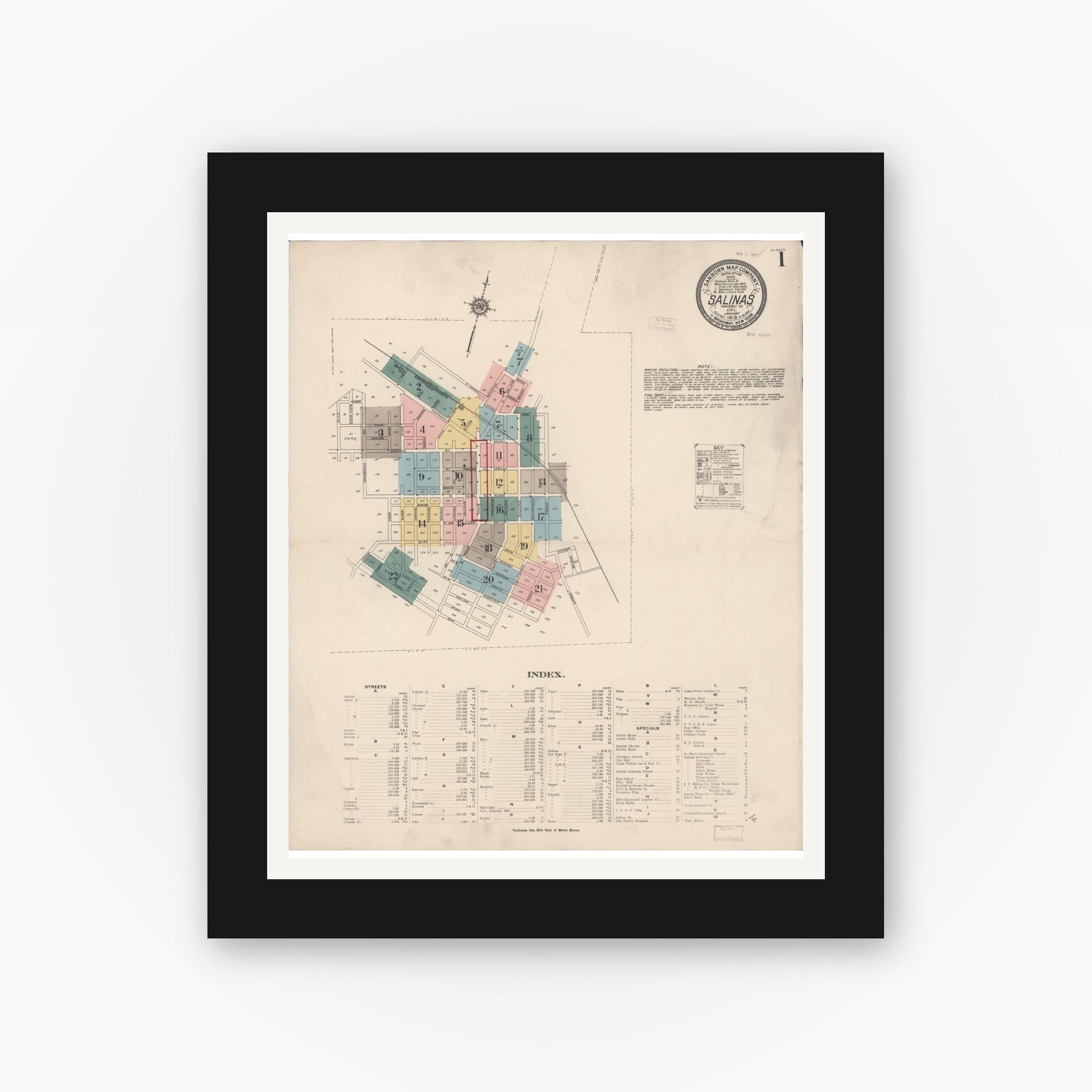 Old map wall art mockup — black gallery frame with white mat — Sanborn Fire Insurance Map from Salinas, Monterey County, California (1913) - Complete Map Set