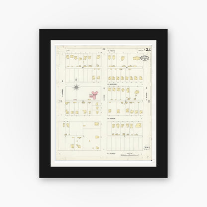 Old map wall art mockup — black gallery frame with white mat — Sanborn Fire Insurance Map from Denison, Grayson County, Texas (1908), Sheet #0034