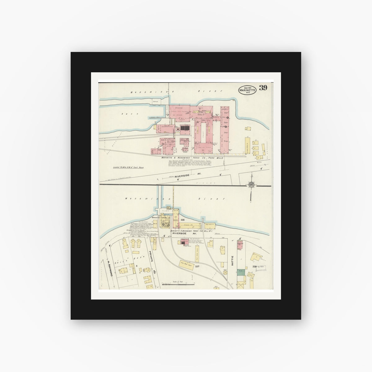 Old map wall art mockup — black gallery frame with white mat — Sanborn Fire Insurance Map from Marinette, Marinette County, Wisconsin (1910), Sheet #0039