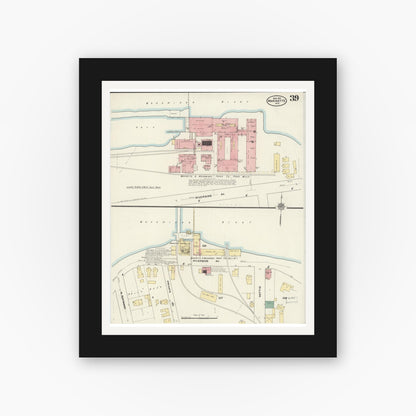 Old map wall art mockup — black gallery frame with white mat — Sanborn Fire Insurance Map from Marinette, Marinette County, Wisconsin (1910), Sheet #0039