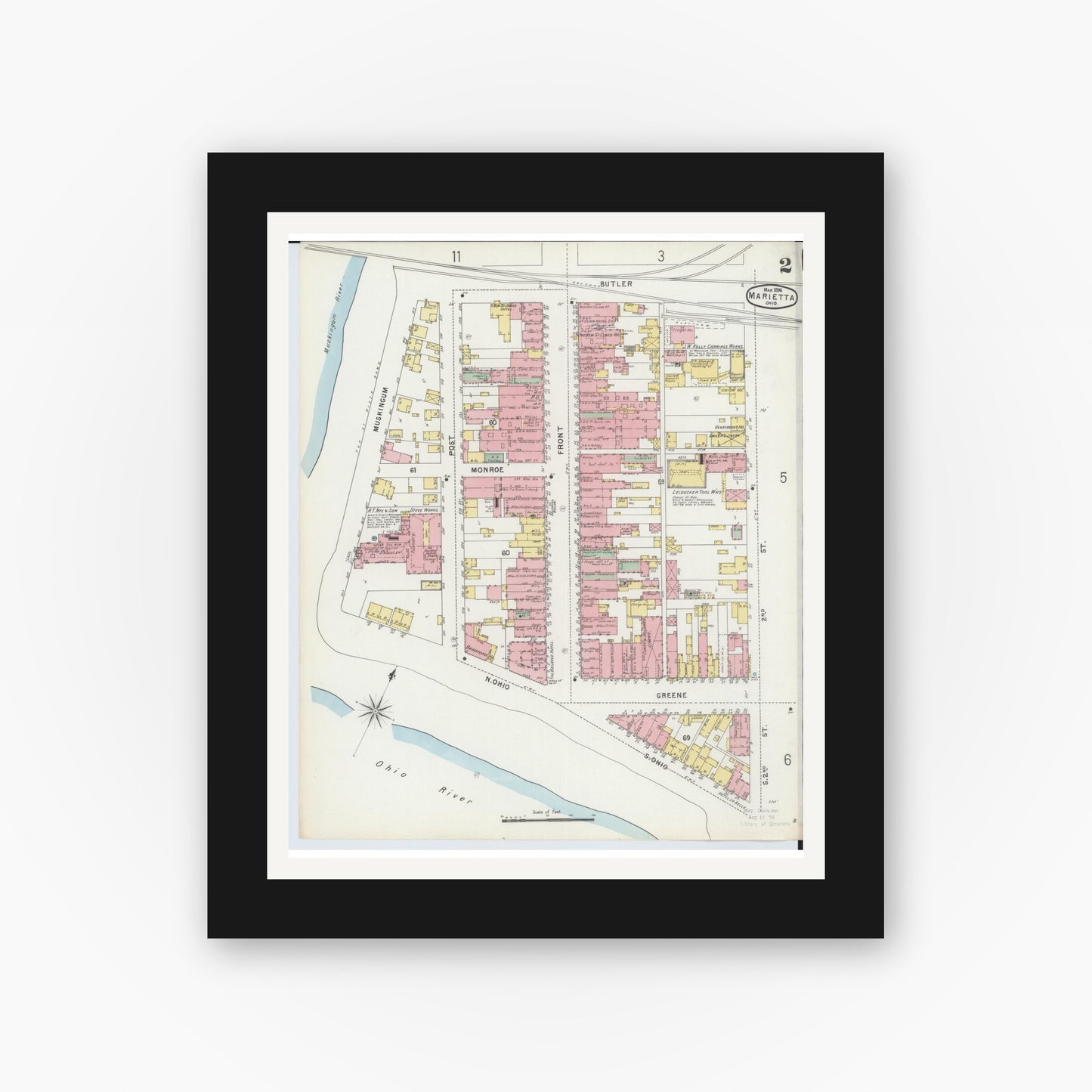 Old map wall art mockup — black gallery frame with white mat — Sanborn Fire Insurance Map from Marietta, Washington County, Ohio (1896), Sheet #0002
