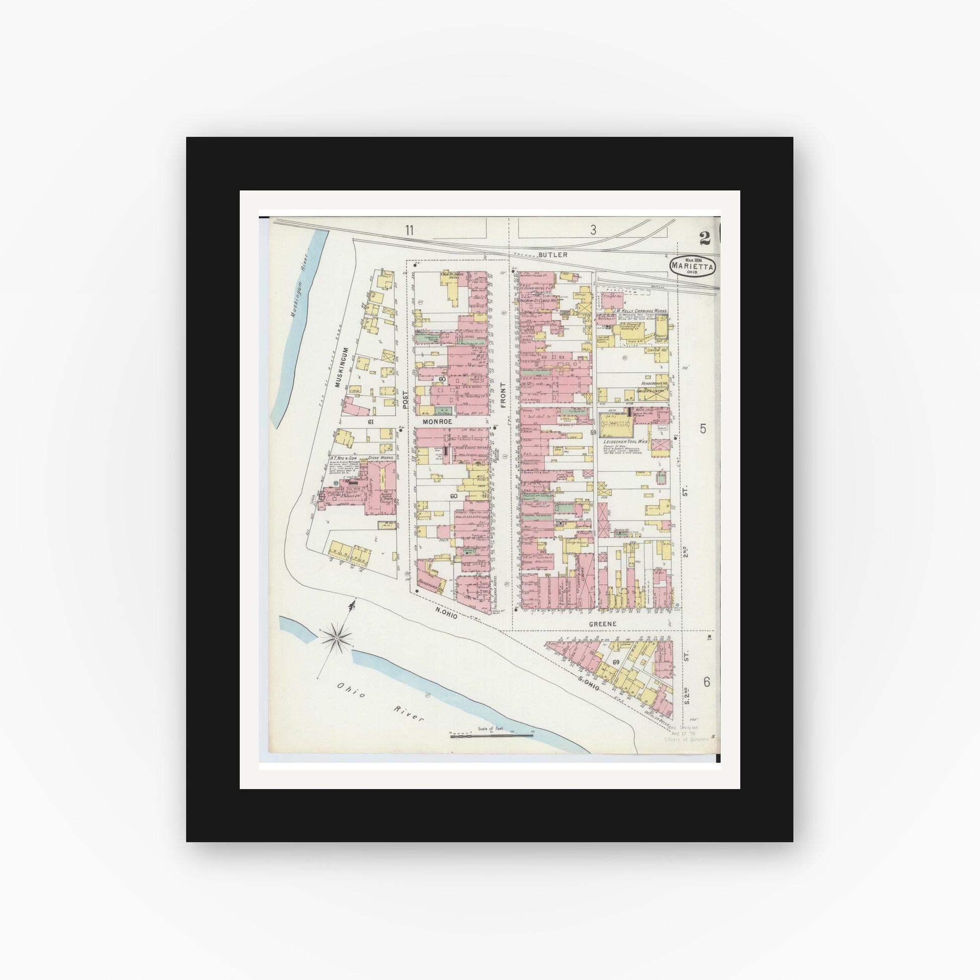 Old map wall art mockup — black gallery frame with white mat — Sanborn Fire Insurance Map from Marietta, Washington County, Ohio (1896), Sheet #0002