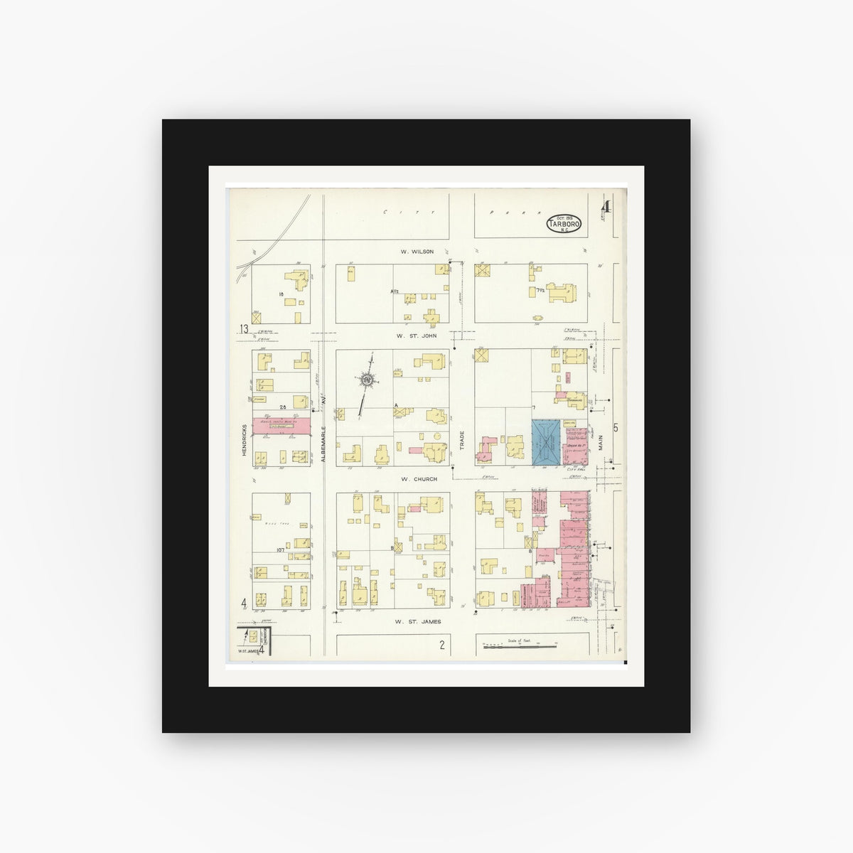 Old map wall art mockup — black gallery frame with white mat — Sanborn Fire Insurance Map from Tarboro, Edgecombe County, North Carolina (1913), Sheet #0004