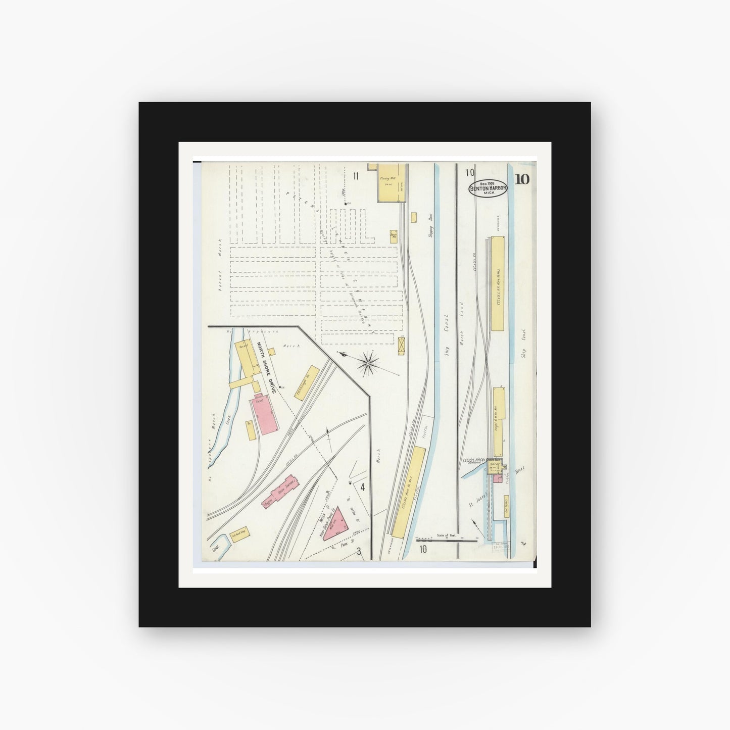 Old map wall art mockup — black gallery frame with white mat — Sanborn Fire Insurance Map from Benton Harbor, Berrien County, Michigan (1905), Sheet #0010